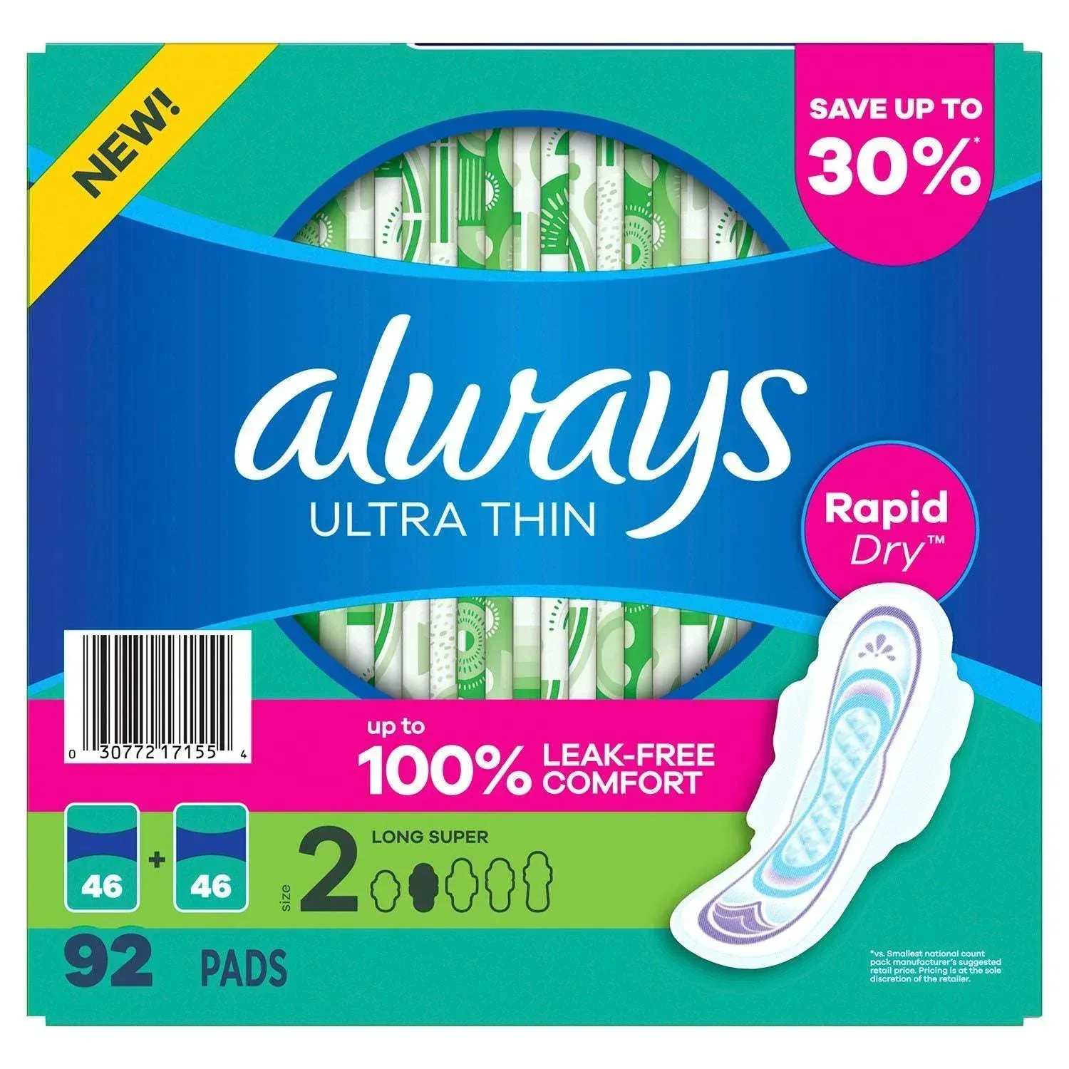 Always Ultra Thin Long Super Pads with Wings, Size 2, 92 ct. - Image 9