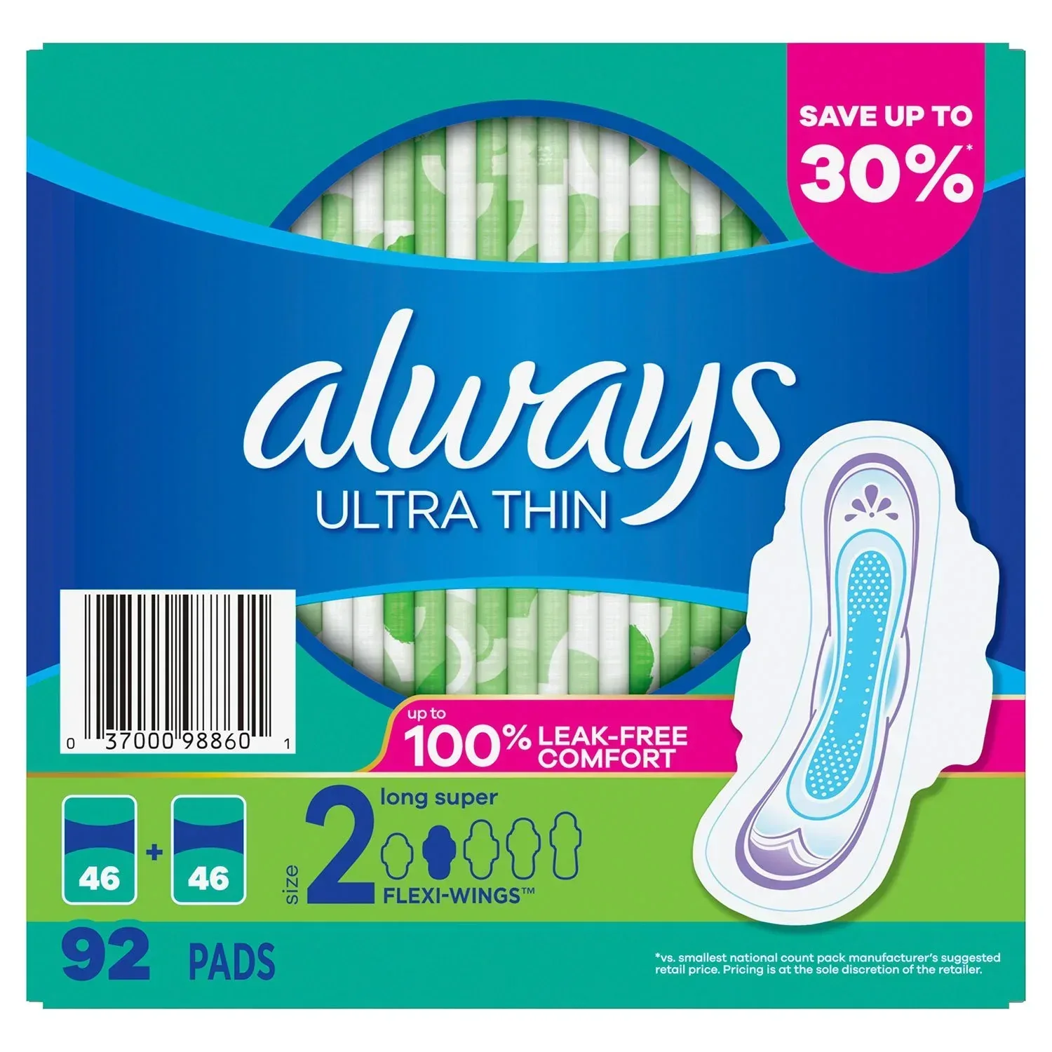 Always Ultra Thin Size 2 Long Super Pads with Flexi-Wings, 92 ct. - Unscented - Image 2