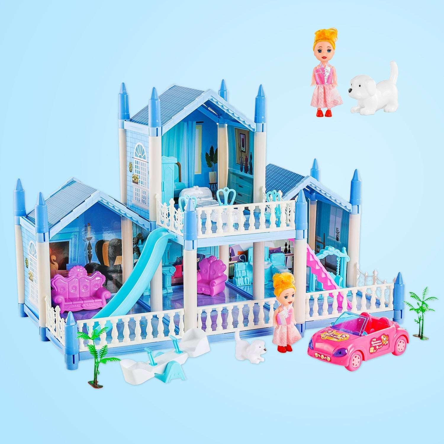 Anpro Blue Dollhouse Pretend Play Set for Kid, Big Villa Princess Castle, 5 Rooms Dollhouse with Doll Toy Figure for Age 3+ Boys and Girls Play House Gift Toys - Image 2
