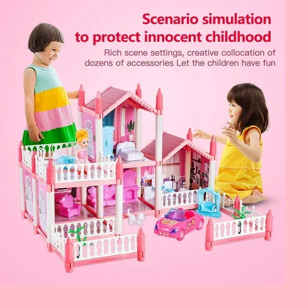 Anpro Pink Dollhouse Pretend Play Set for Kid, Big Villa Princess Castle, 5 Rooms Dollhouse with Doll Toy Figure for Boys and Girls Age 3+ Play House Gift Toys and Christmas - Image 3