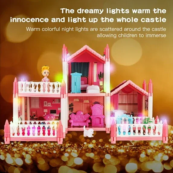 Anpro Pink Dollhouse Pretend Play Set for Kid, Big Villa Princess Castle, 5 Rooms Dollhouse with Doll Toy Figure for Boys and Girls Age 3+ Play House Gift Toys and Christmas - Image 4