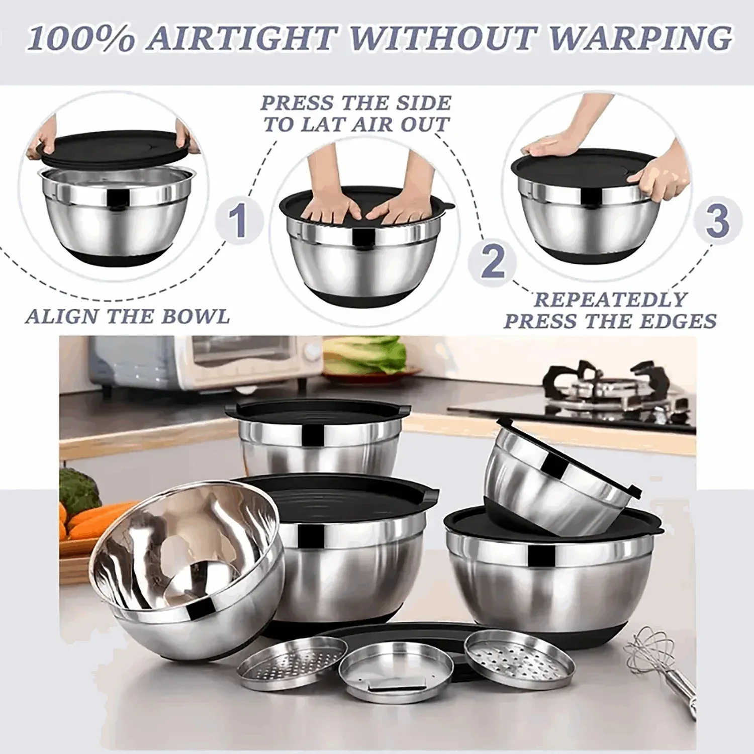 AOKIWO Mixing Bowls with Airtight Lids, 8PCS Stainless Steel Bowls Set with 3 Grater Attachments, Kitchen Bowls with Non-Slip Bottoms, Size 5, 4, 3.5, 2, 1.5 QT for Mixing & Serving, Black - Image 2