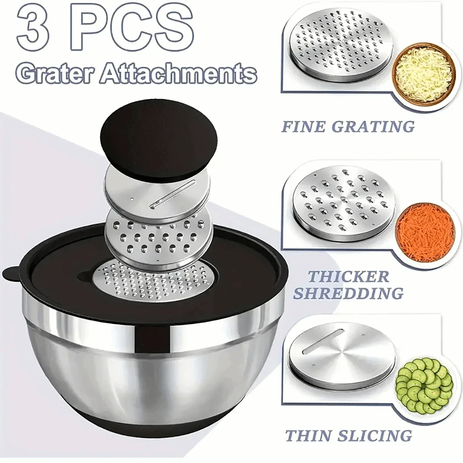 AOKIWO Mixing Bowls with Airtight Lids, 8PCS Stainless Steel Bowls Set with 3 Grater Attachments, Kitchen Bowls with Non-Slip Bottoms, Size 5, 4, 3.5, 2, 1.5 QT for Mixing & Serving, Black - Image 3