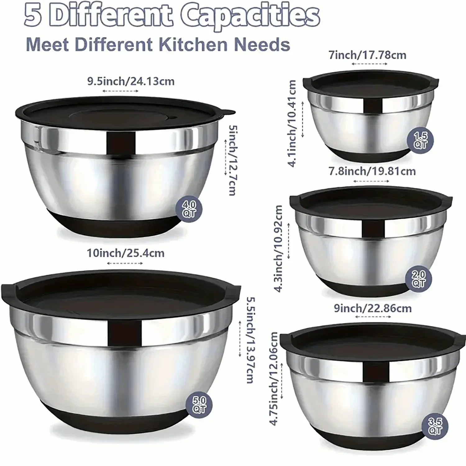 AOKIWO Mixing Bowls with Airtight Lids, 8PCS Stainless Steel Bowls Set with 3 Grater Attachments, Kitchen Bowls with Non-Slip Bottoms, Size 5, 4, 3.5, 2, 1.5 QT for Mixing & Serving, Black - Image 4