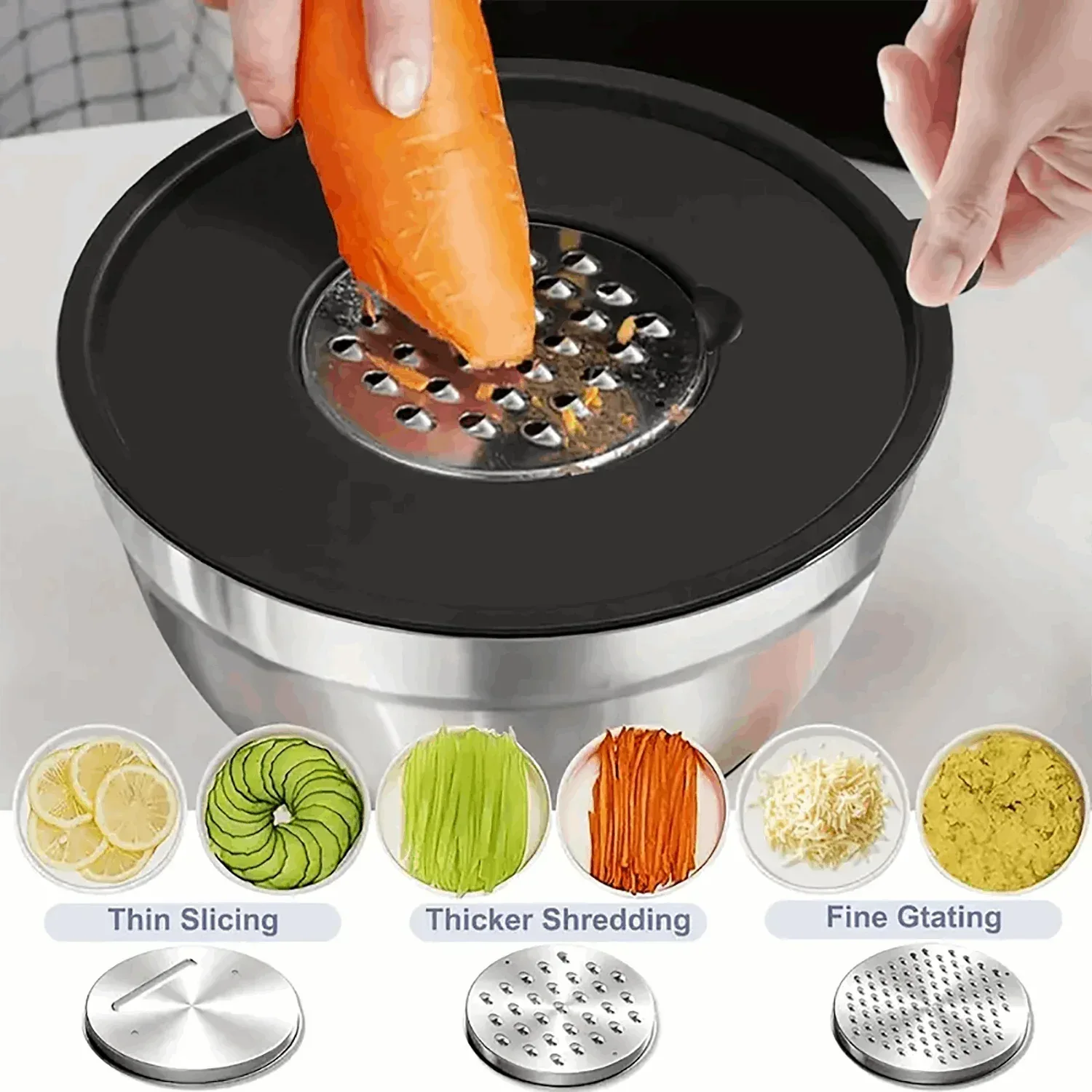 AOKIWO Mixing Bowls with Airtight Lids, 8PCS Stainless Steel Bowls Set with 3 Grater Attachments, Kitchen Bowls with Non-Slip Bottoms, Size 5, 4, 3.5, 2, 1.5 QT for Mixing & Serving, Black - Image 5
