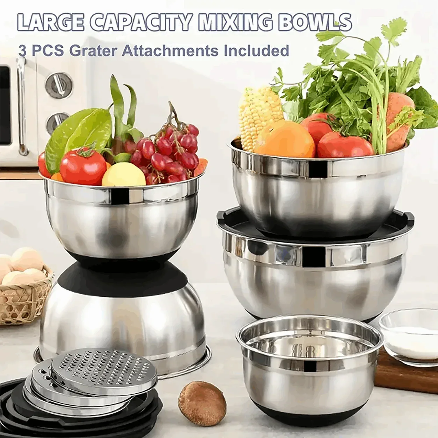 AOKIWO Mixing Bowls with Airtight Lids, 8PCS Stainless Steel Bowls Set with 3 Grater Attachments, Kitchen Bowls with Non-Slip Bottoms, Size 5, 4, 3.5, 2, 1.5 QT for Mixing & Serving, Black - Image 6