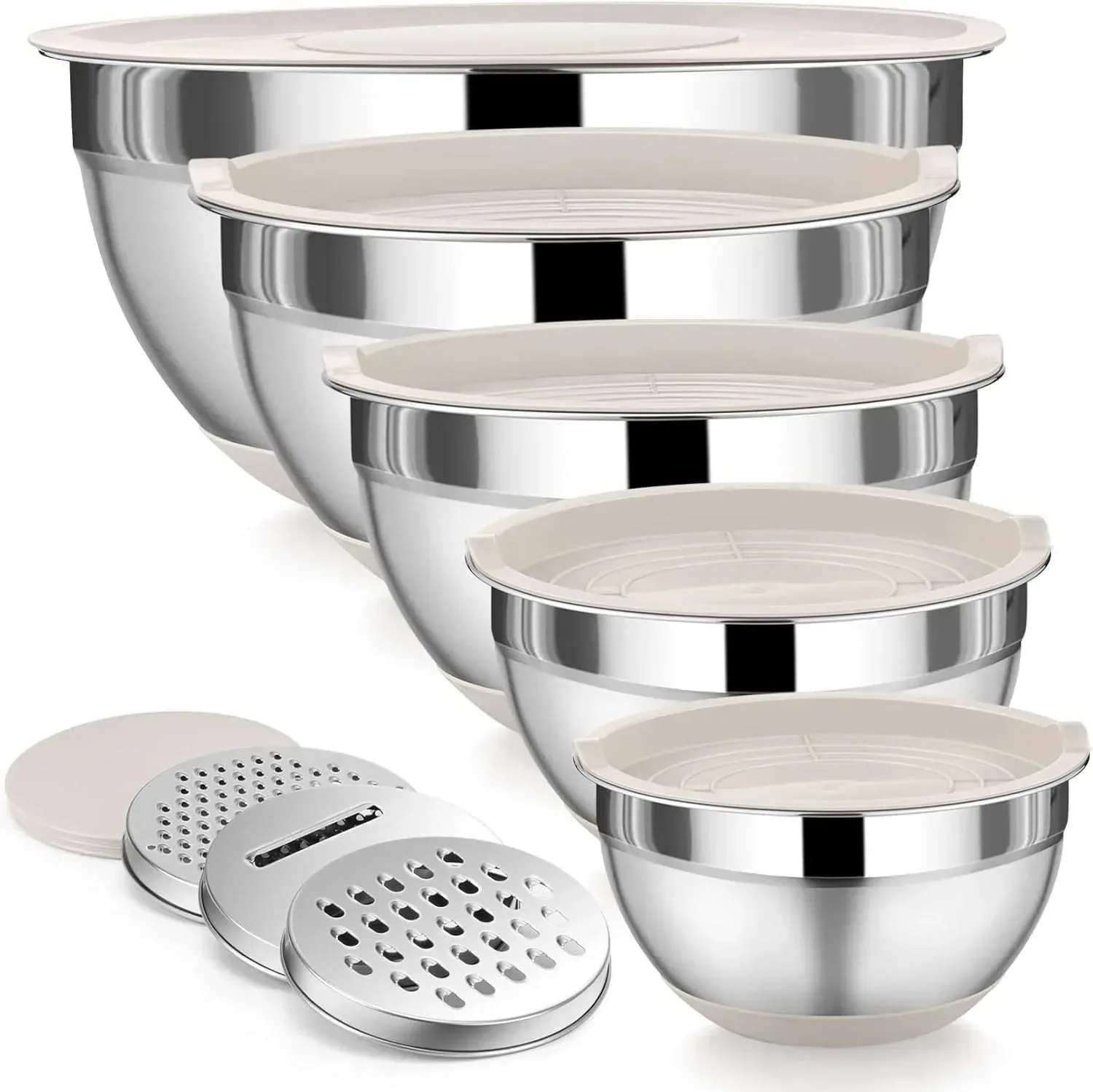 AOKIWO Mixing Bowls with Airtight Lids, 8PCS Stainless Steel Bowls Set with 3 Grater Attachments, Kitchen Bowls with Non-Slip Bottoms, Size 5, 4, 3.5, 2, 1.5 QT for Mixing & Serving, Black - Image 7