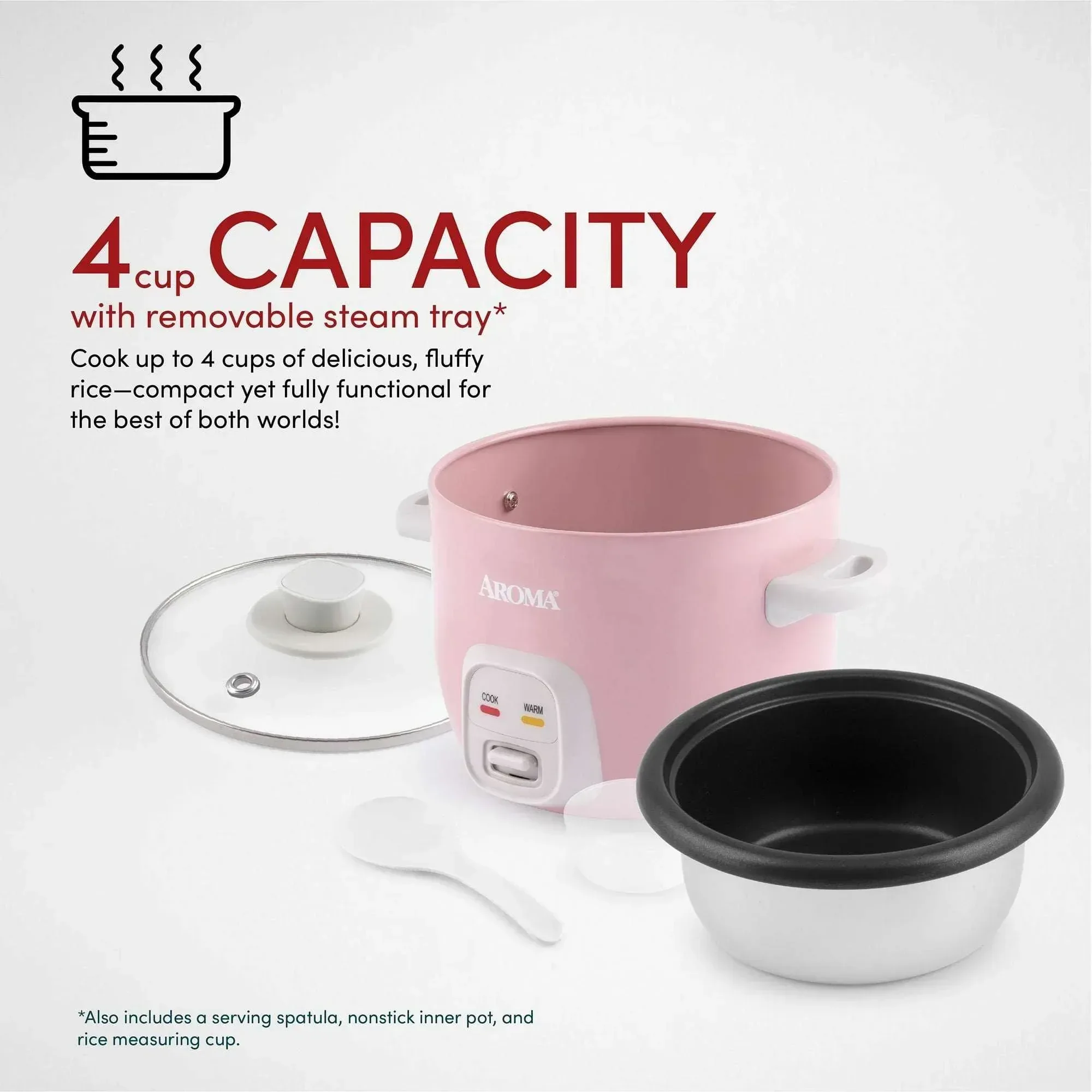 AROMA 4-Cup (Cooked) / 1 Qt. Rice & Grain Cooker, Pink - Image 4