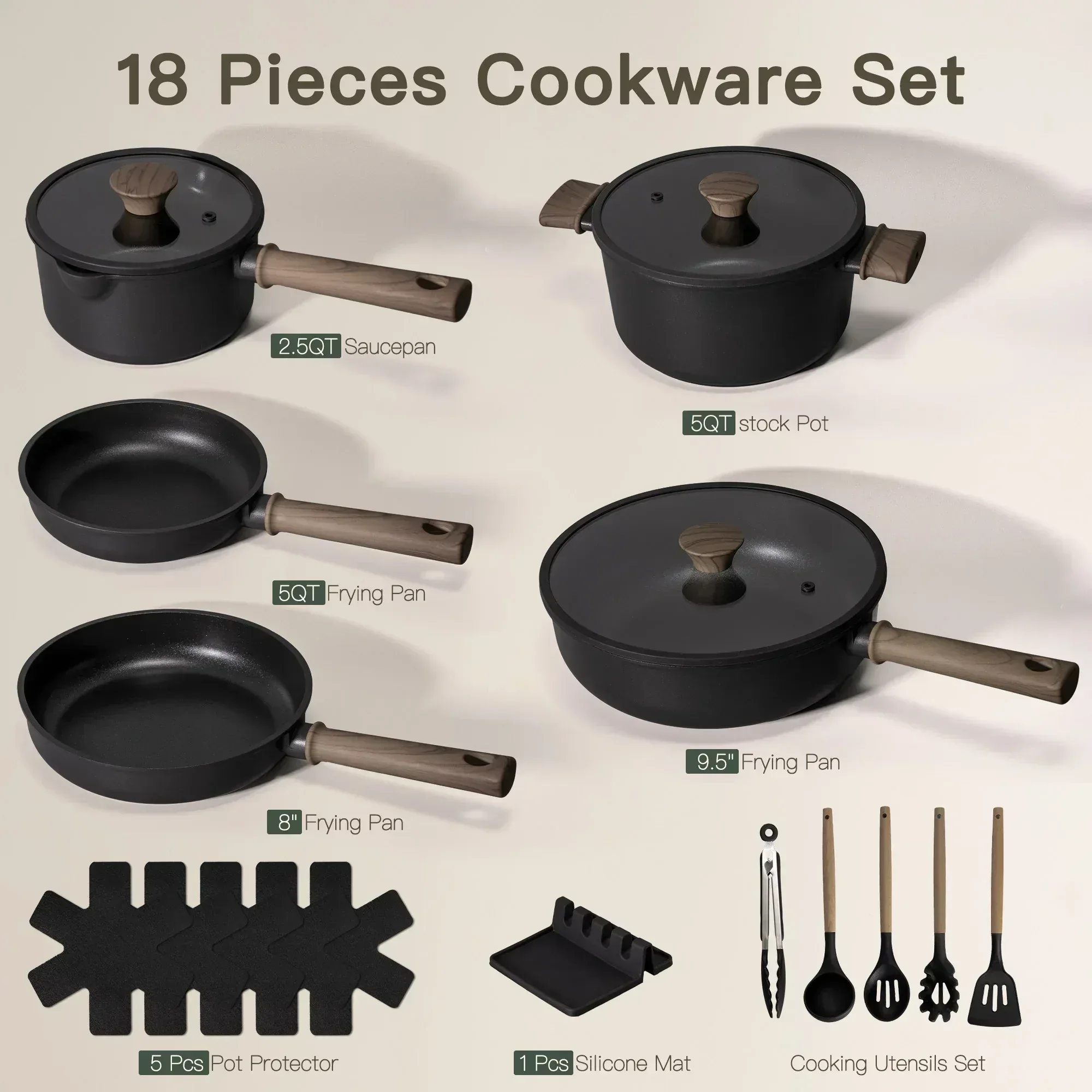 Astercook 18-Piece Pots and Pans Set, Black Titanium Induction Nonstick Cookware Set, Oven Safe to 480°F, Induction Compatible & Dishwasher Safe, Kitchen Cooking Set for RV Trips, Camping and Picnic - Image 2