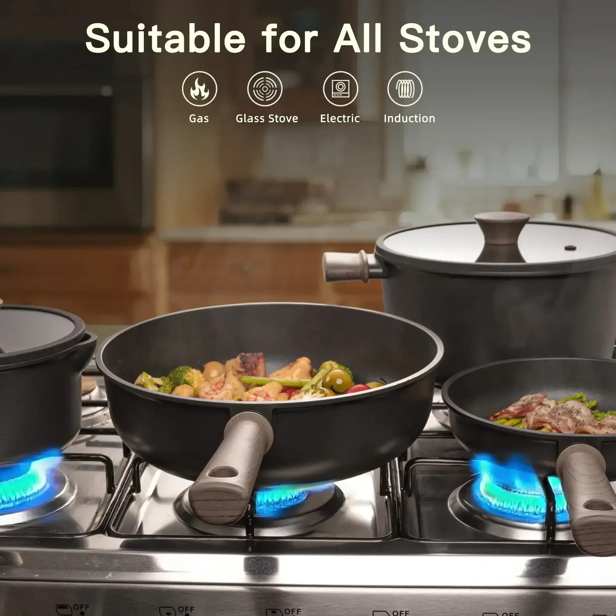 Astercook 18-Piece Pots and Pans Set, Black Titanium Induction Nonstick Cookware Set, Oven Safe to 480°F, Induction Compatible & Dishwasher Safe, Kitchen Cooking Set for RV Trips, Camping and Picnic - Image 4