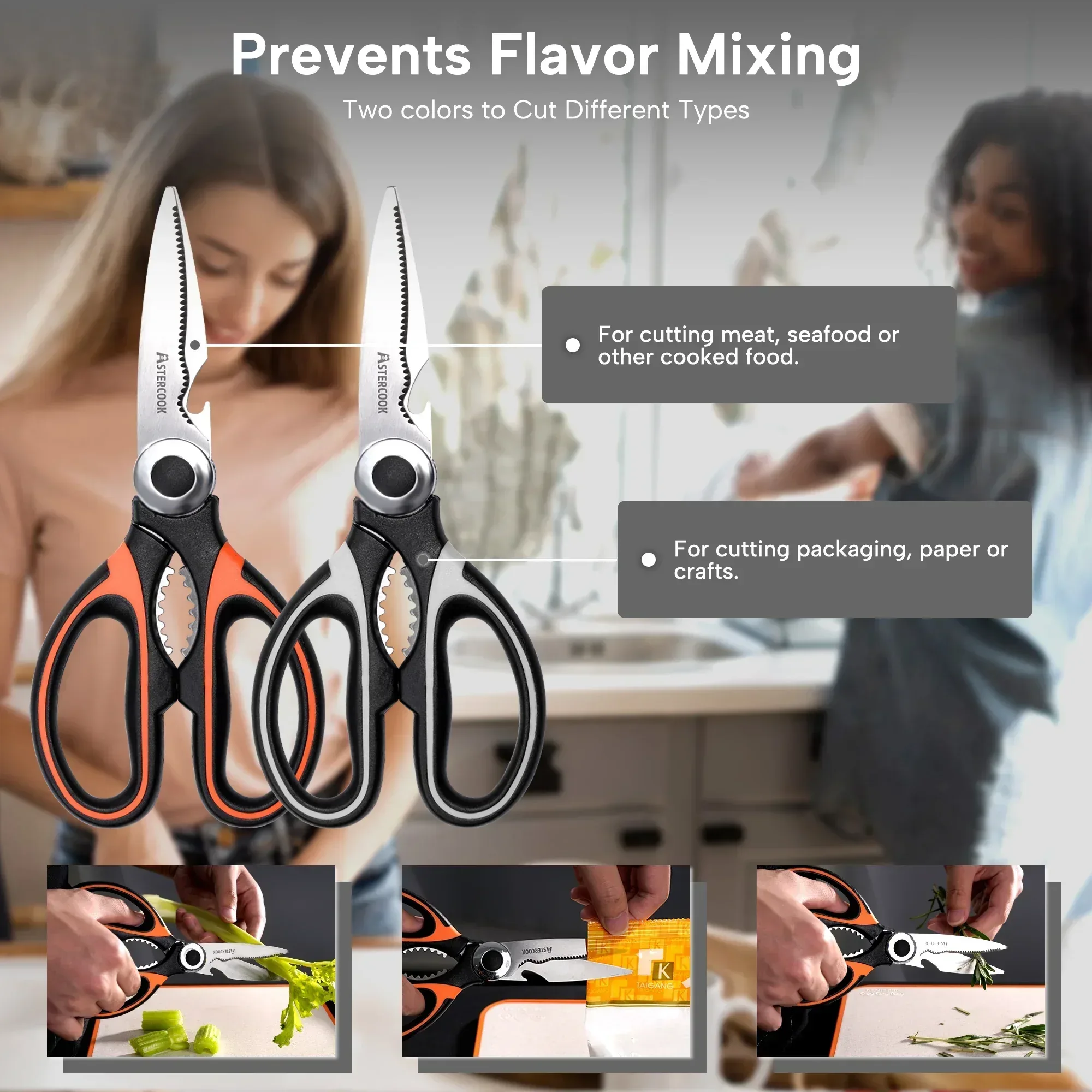 Astercook 2 Pcs Kitchen Scissors, Heavy Duty Shears with Serrated Blade, Ergonomic Handle Food Scissor for Poultry, Herbs, Vegetables Dishwasher Safe - Image 11