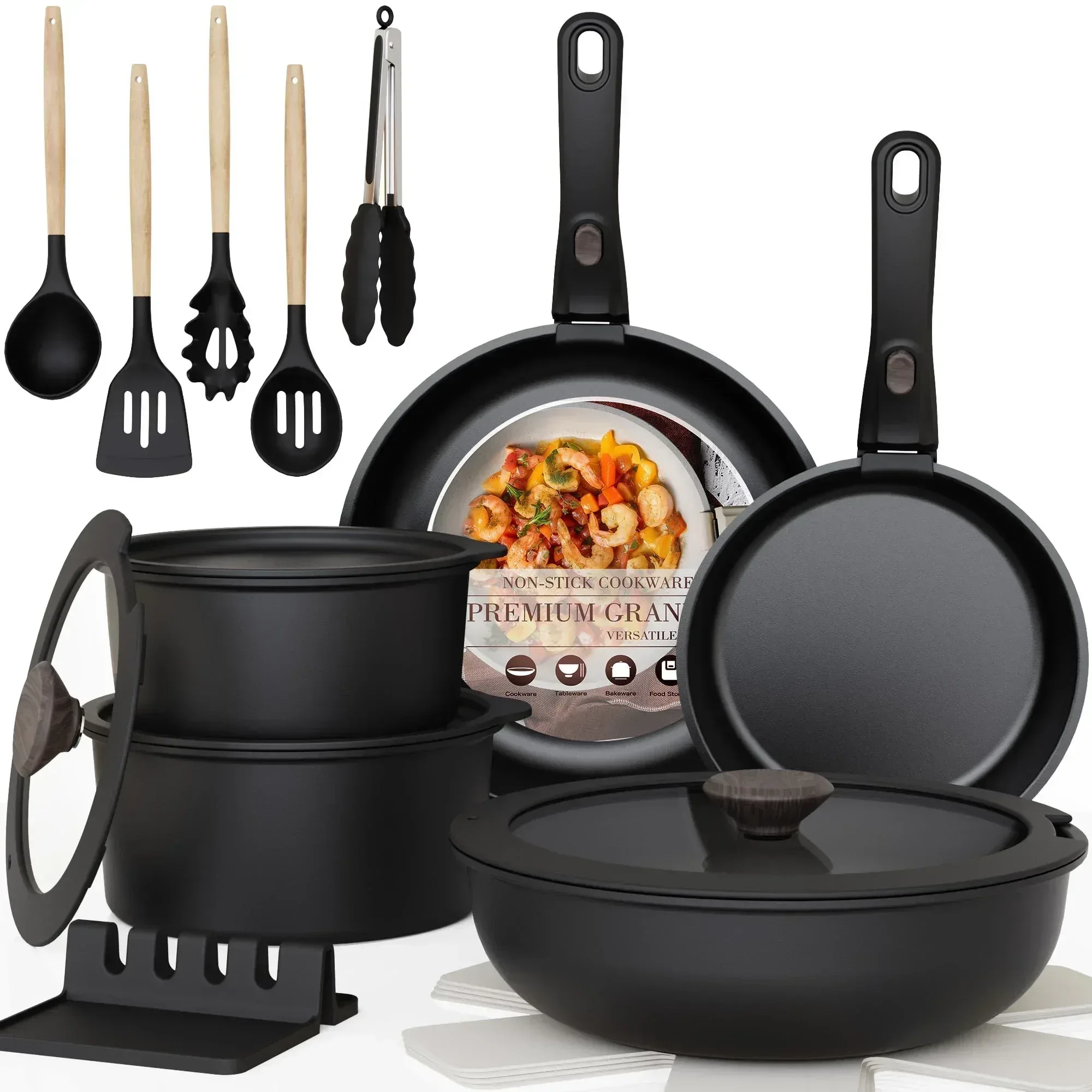 Astercook 20-Piece Pots and Pans Set, Nonstick Cookware Set with Detachable Handles, Oven & Dishwasher Safe, Induction Compatible, Stackable RV Kitchen Cooking Set