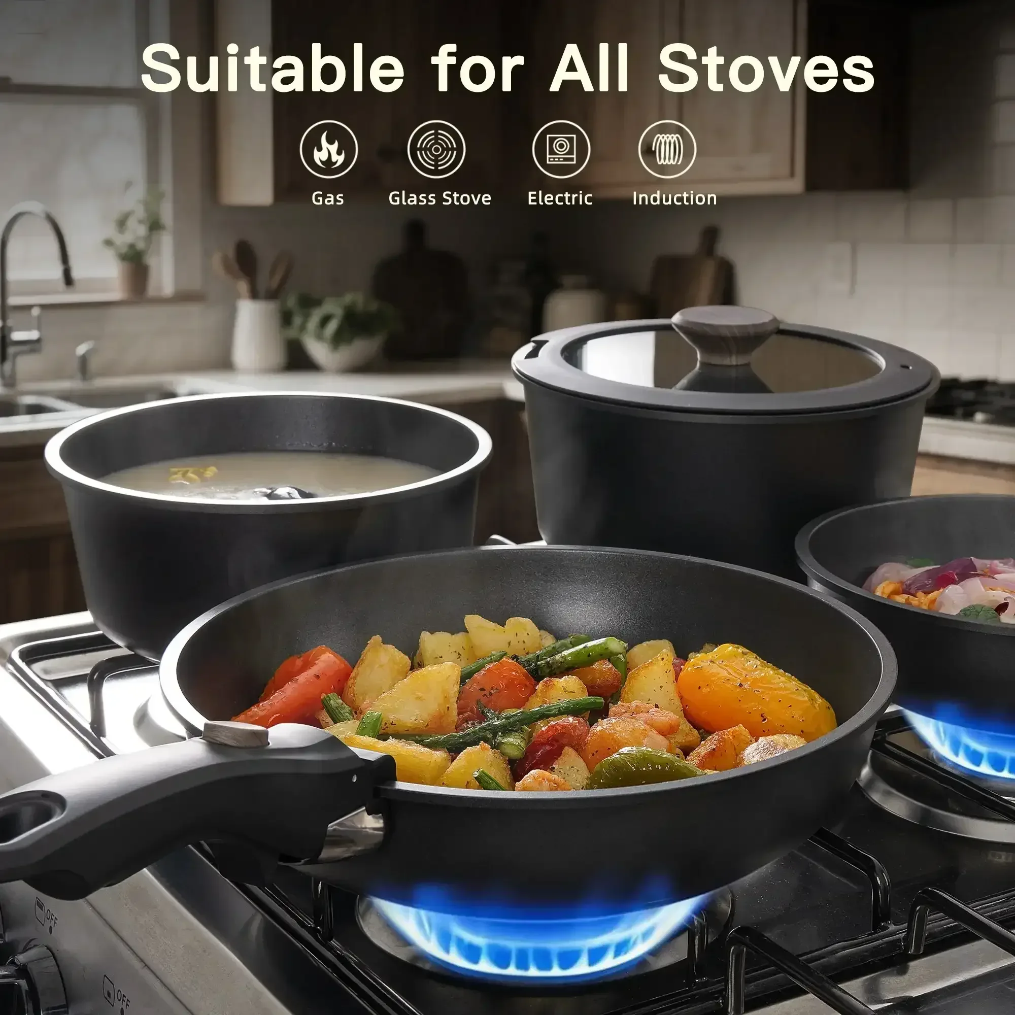 Astercook 20-Piece Pots and Pans Set, Nonstick Cookware Set with Detachable Handles, Oven & Dishwasher Safe, Induction Compatible, Stackable RV Kitchen Cooking Set - Image 2