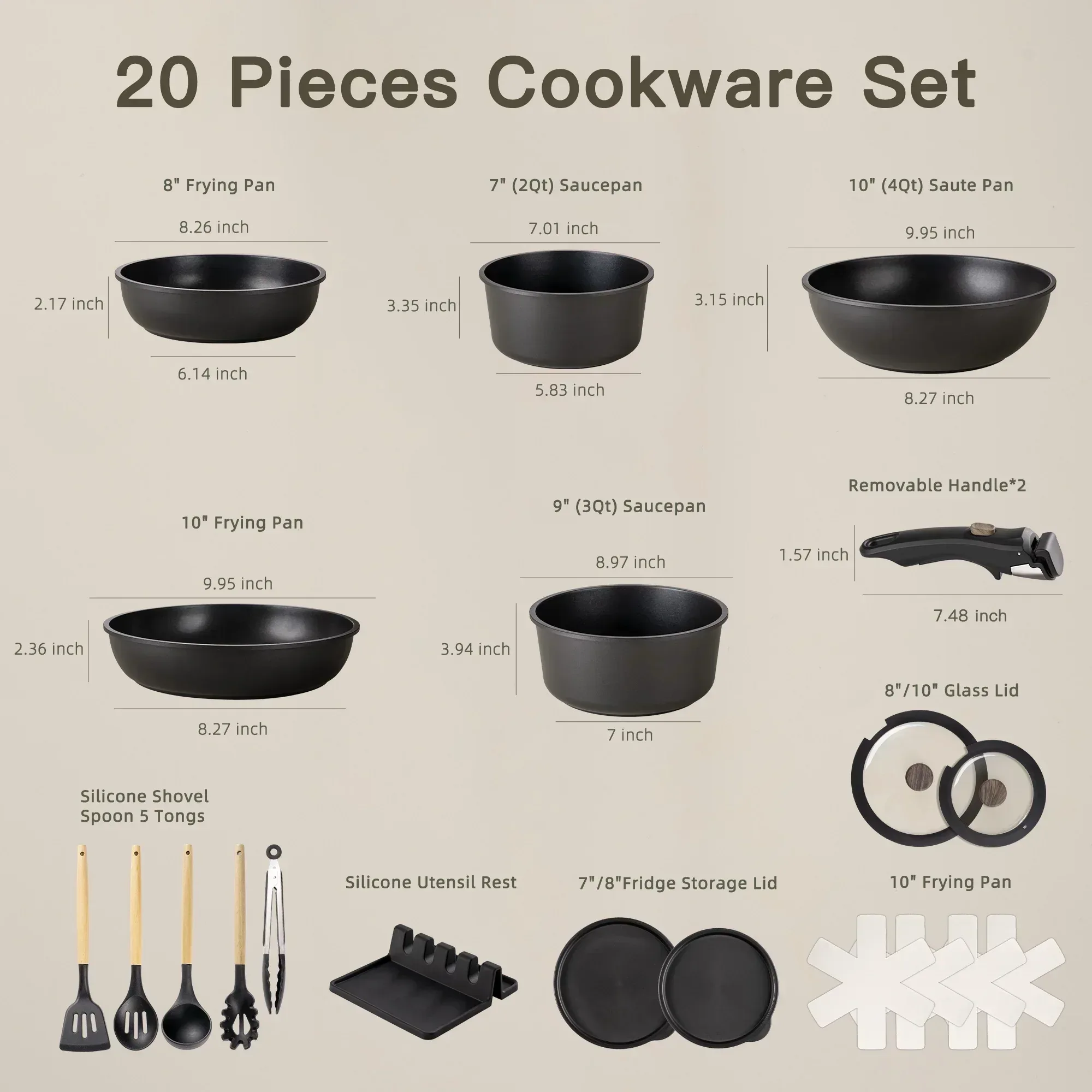Astercook 20-Piece Pots and Pans Set, Nonstick Cookware Set with Detachable Handles, Oven & Dishwasher Safe, Induction Compatible, Stackable RV Kitchen Cooking Set - Image 8