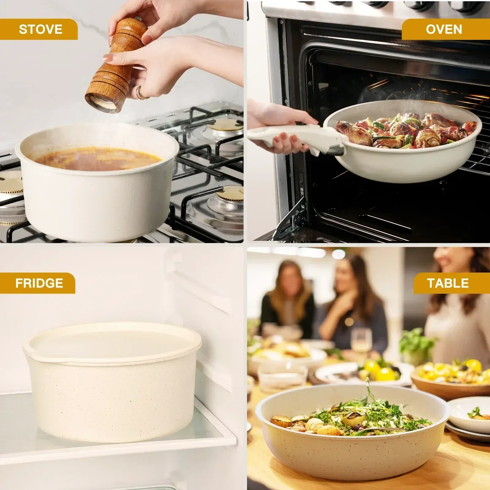 Astercook 22 Piece Pots and Pans Set Non Stick, Cookware Set with Detachable Handles, Oven Safe, Induction Ready, Stackable RV Kitchen Cooking Set, Cream White - Image 2