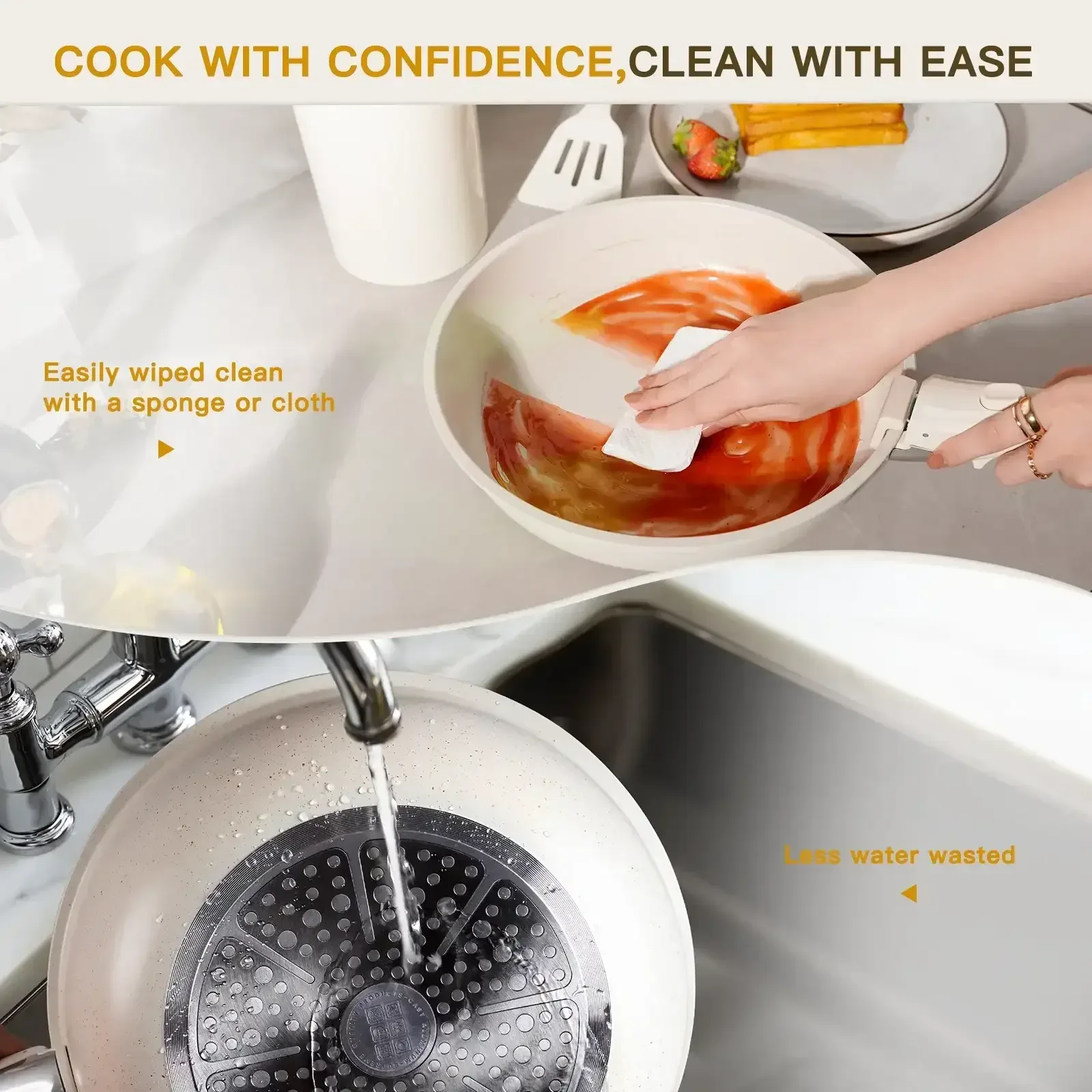 Astercook 22 Piece Pots and Pans Set Non Stick, Cookware Set with Detachable Handles, Oven Safe, Induction Ready, Stackable RV Kitchen Cooking Set, Cream White - Image 3