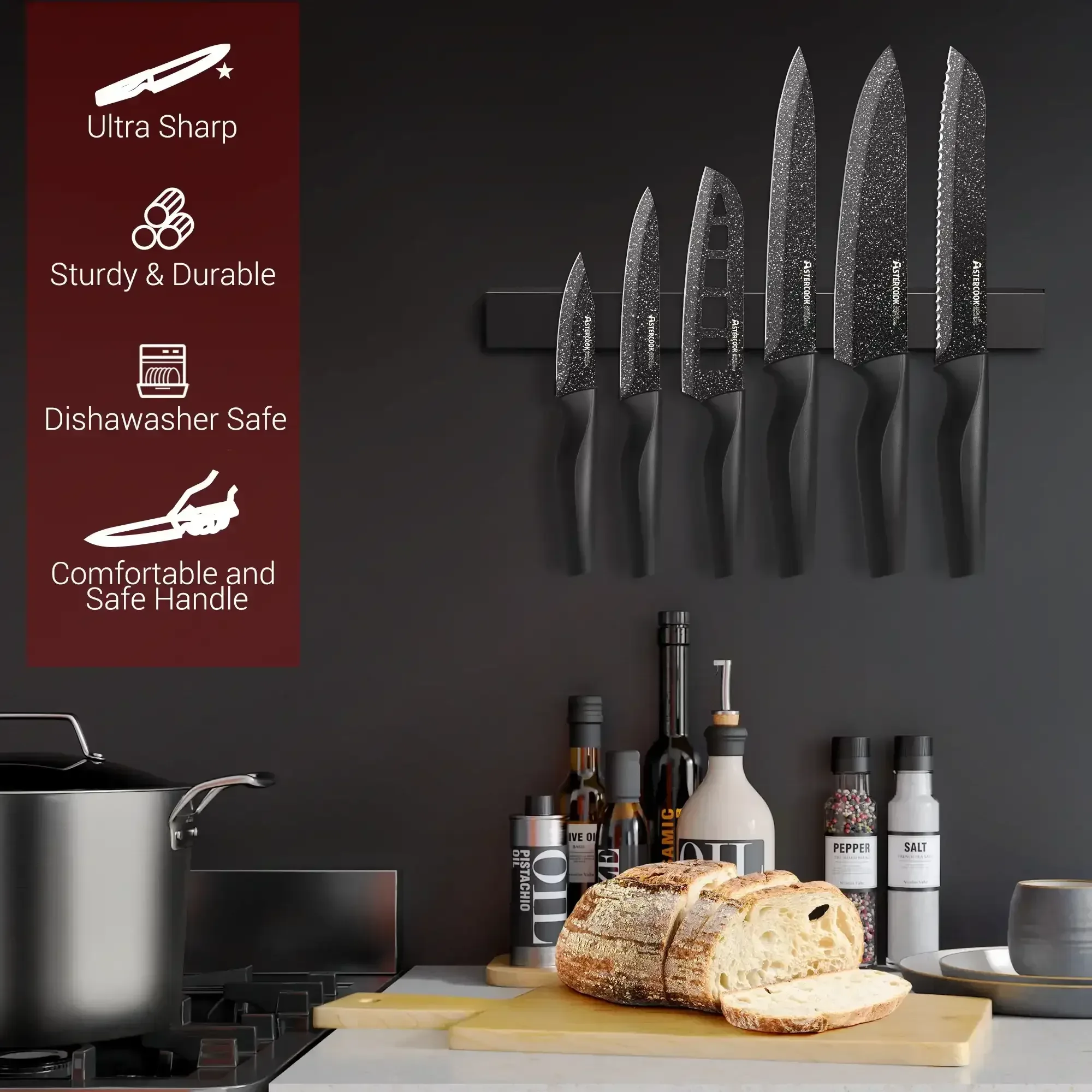 Astercook 6 Piece Starry-Sky Kitchen Knife Set, Carbon German Stainless Steel Knife Set with 6 Blade Guards, Non-stick Coating & Dishwasher Safe, Perfect Gifts for Kitchen - Image 2