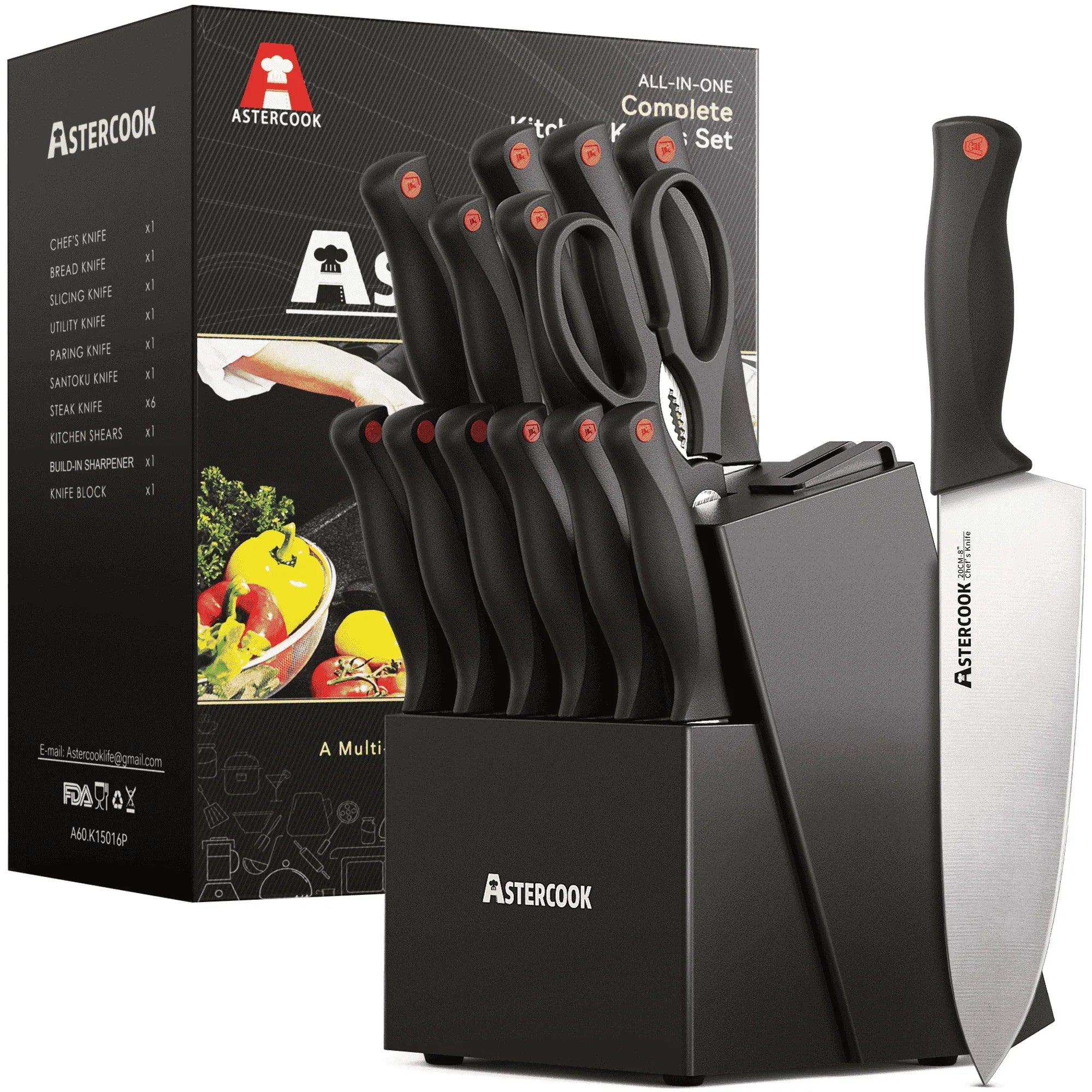Astercook Knife set, 14-Piece Kitchen Knife Set with Built-in Sharpener, High Carbon German Stainless Steel Knives Block Sets, Ultra Sharp & Rust Resistant, Dishwasher Safe - Image 6