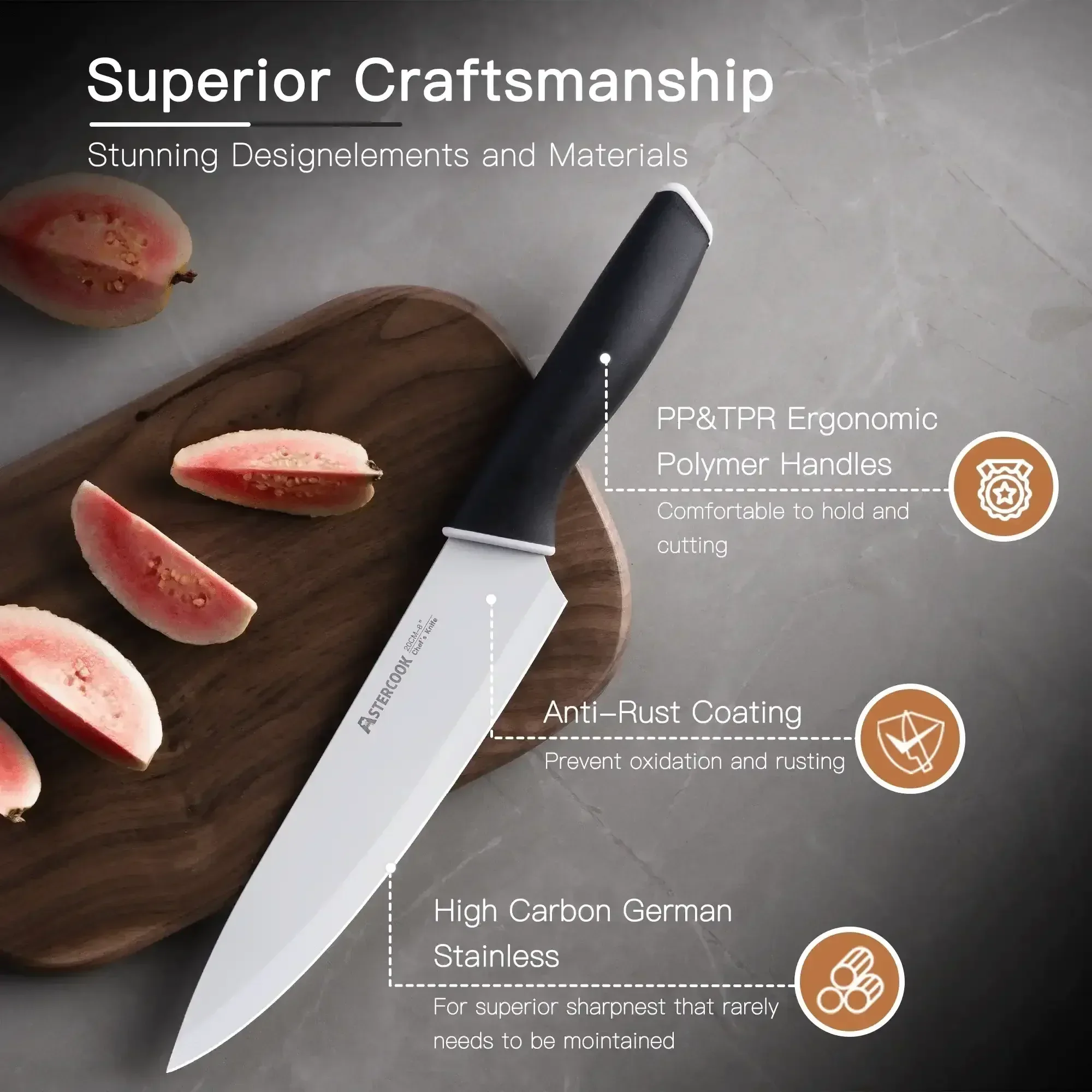 Astercook Knife Set, 14 Pieces Kitchen Knives Set with Healthy Anti-Rust Coating, Stainless Steel Knife Sets with Built-in Sharpener, Sharp & Rust Resistant Dishwasher Safe - Image 2