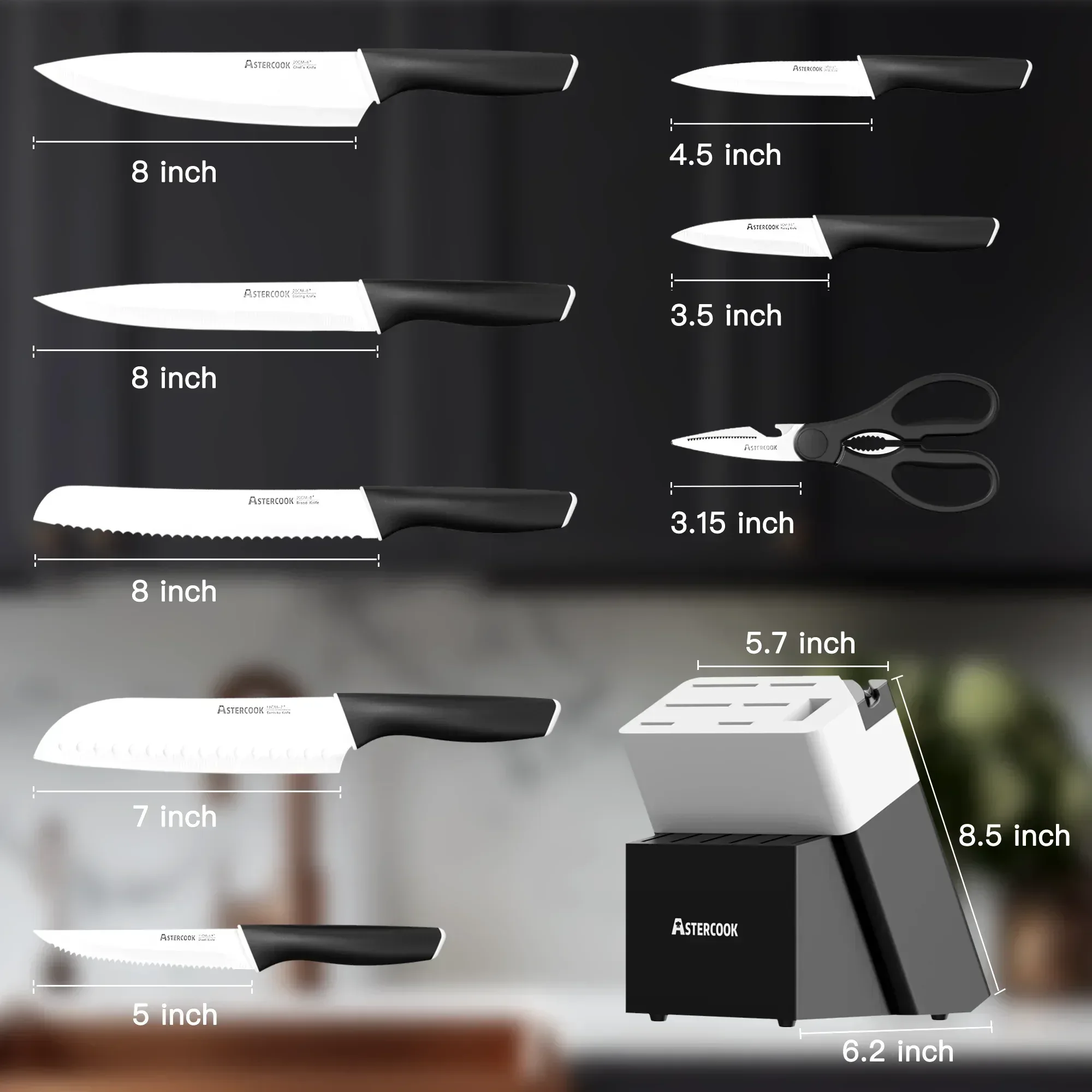 Astercook Knife Set, 14 Pieces Kitchen Knives Set with Healthy Anti-Rust Coating, Stainless Steel Knife Sets with Built-in Sharpener, Sharp & Rust Resistant Dishwasher Safe - Image 8