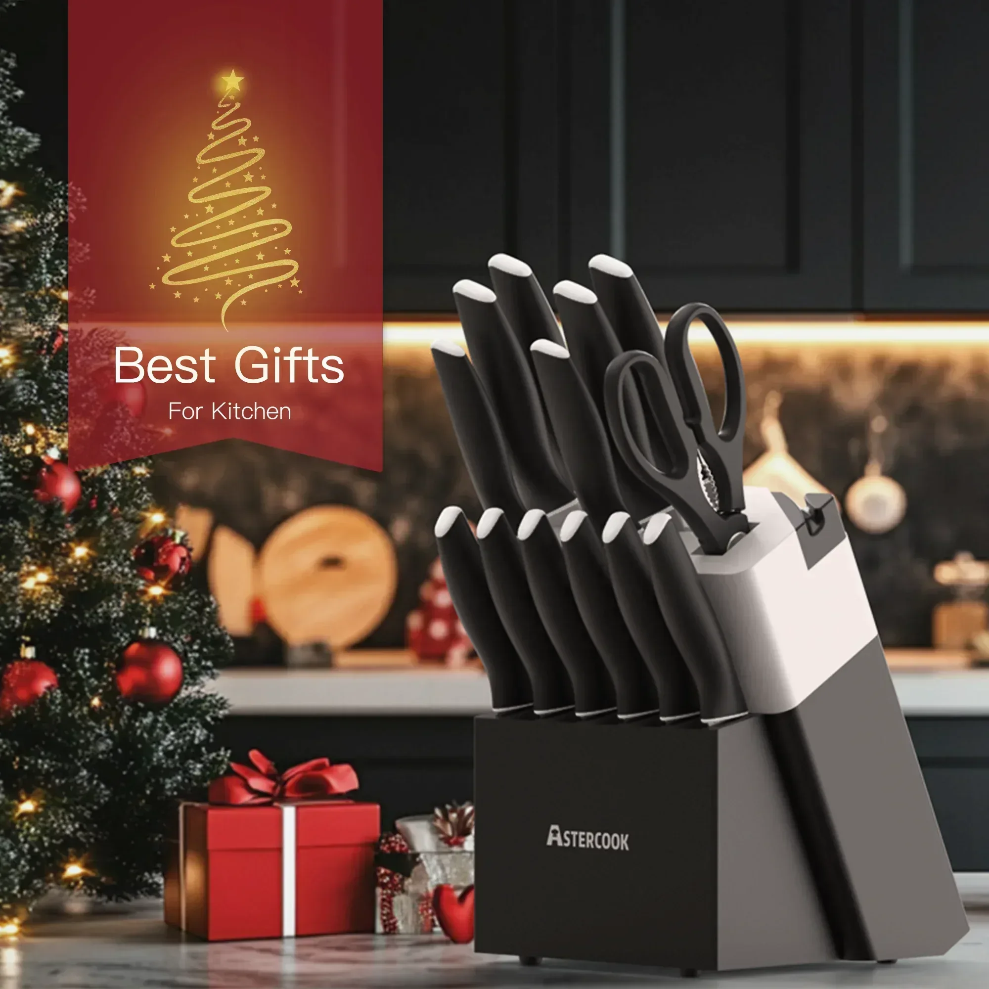 Astercook Knife Set, 14 Pieces Kitchen Knives Set with Healthy Anti-Rust Coating, Stainless Steel Knife Sets with Built-in Sharpener, Sharp & Rust Resistant Dishwasher Safe - Image 9