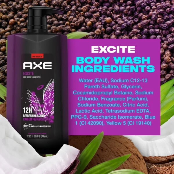 Axe Excite Refreshing Long Lasting Men's Body Wash All Skin Crisp Coconut & Black Pepper, 32 oz - Image 10