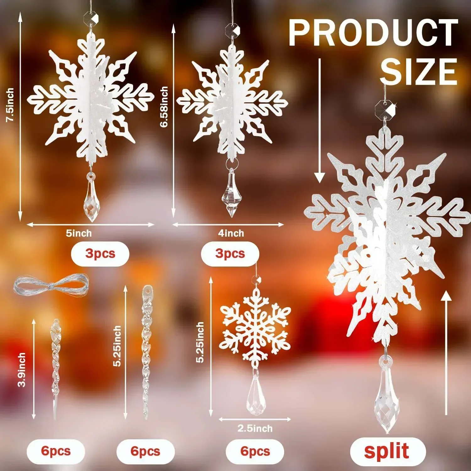 Ayieyill 24 Pieces Christmas Snowflake Drop Ornament Acrylic Icicle Christmas Hanging Acrylic Crystal Snowflake Decoration Hanging Acrylic Snowflakes (Clear) - Image 2