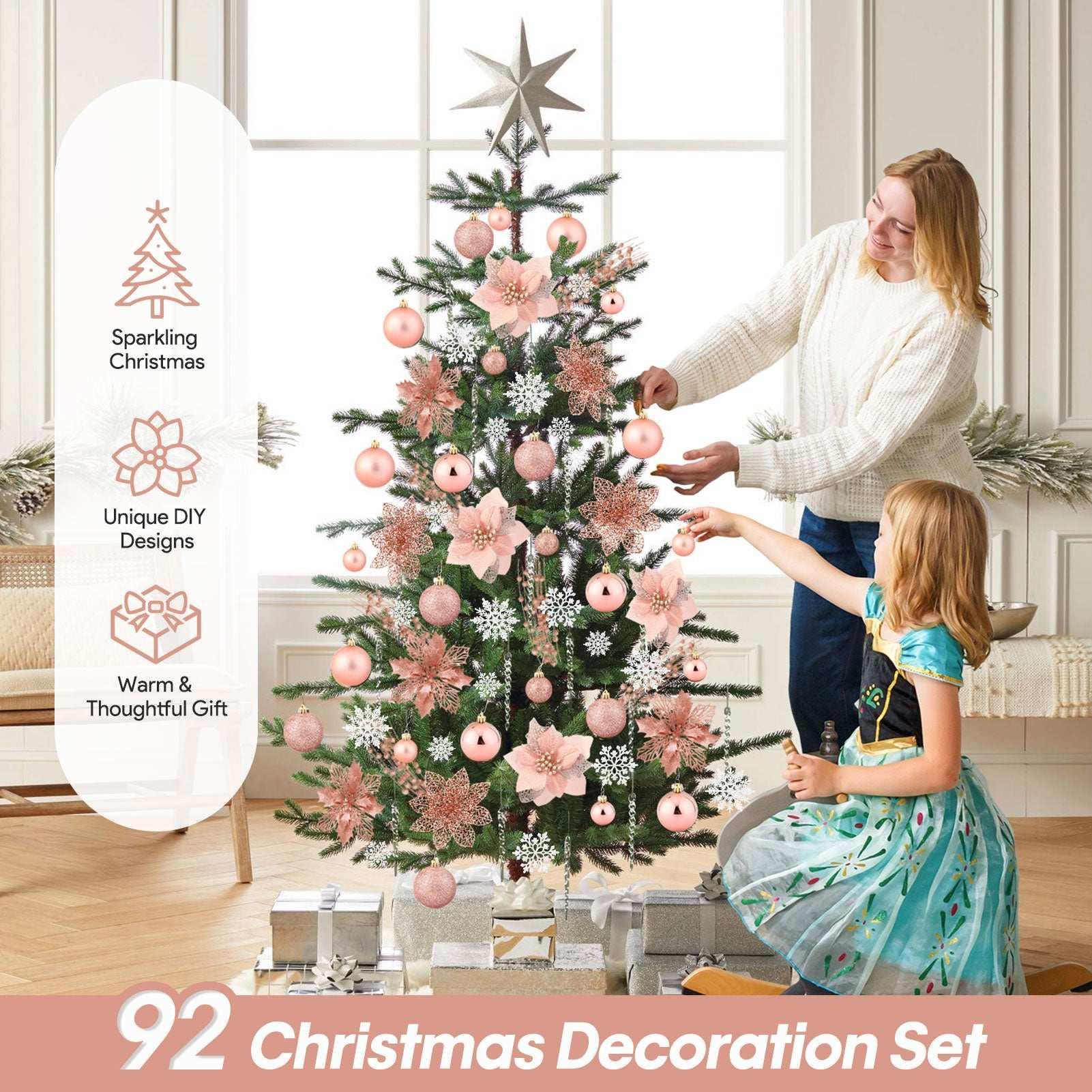Ayieyill 92Pcs Christmas Tree Decorations Includes Poinsettia Christmas Flowers, Ball Ornaments, Artificial Glitter Berry Stems, Snowflake and Icicle Drop Crystal Ornaments | Rose Glod - Image 2