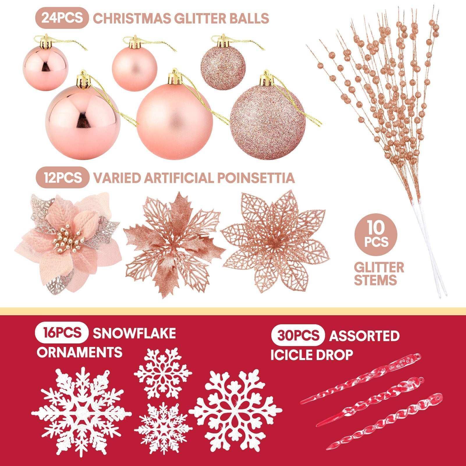 Ayieyill 92Pcs Christmas Tree Decorations Includes Poinsettia Christmas Flowers, Ball Ornaments, Artificial Glitter Berry Stems, Snowflake and Icicle Drop Crystal Ornaments | Rose Glod - Image 3