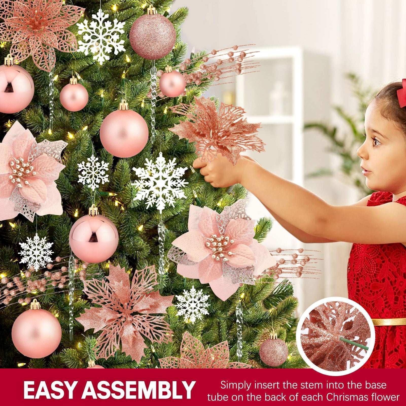 Ayieyill 92Pcs Christmas Tree Decorations Includes Poinsettia Christmas Flowers, Ball Ornaments, Artificial Glitter Berry Stems, Snowflake and Icicle Drop Crystal Ornaments | Rose Glod - Image 4