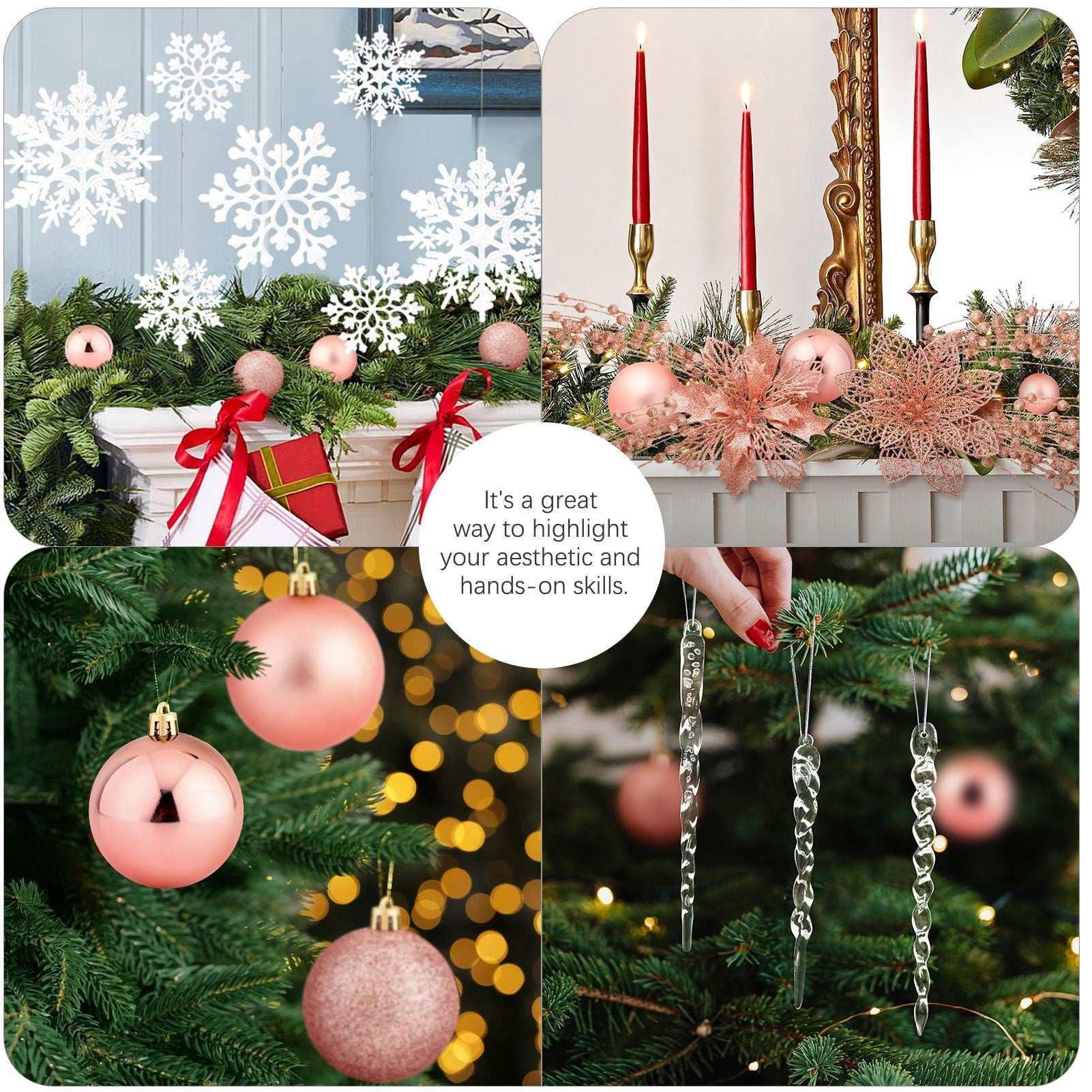 Ayieyill 92Pcs Christmas Tree Decorations Includes Poinsettia Christmas Flowers, Ball Ornaments, Artificial Glitter Berry Stems, Snowflake and Icicle Drop Crystal Ornaments | Rose Glod - Image 5