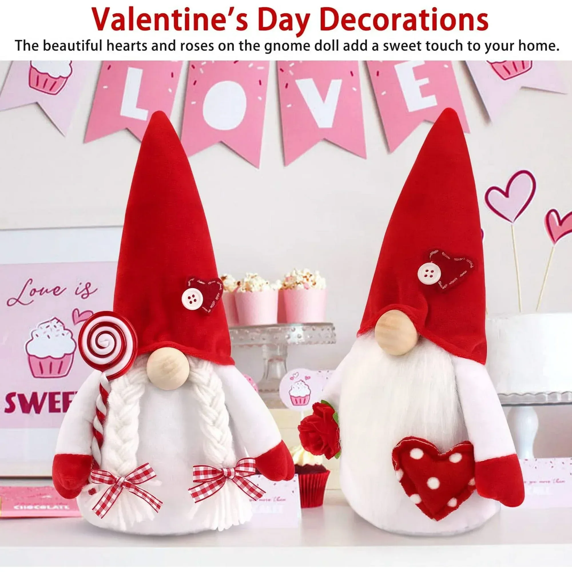 Ayieyill Valentines Day Decor 2pcs Valentine Gnomes Plush Valentines Day Decoration Valentines Home Table Decor Scandinavian Tomte Elf Gnomes Ornaments Sweet Valentines Day Gifts for Him Her - Image 8