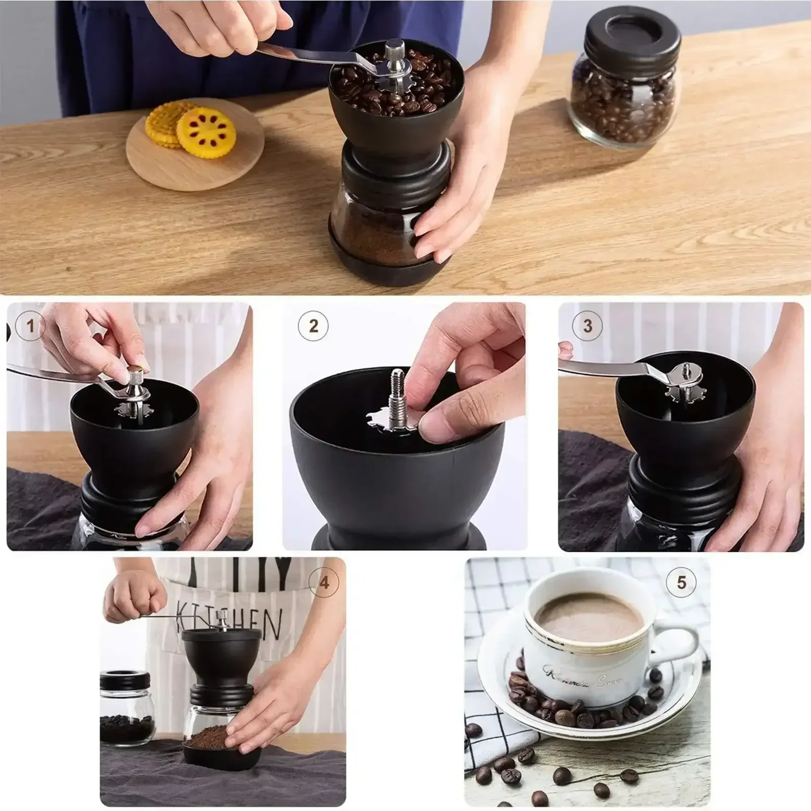 Baalaka Manual Coffee Bean Grinder Small, Ceramic Burr, 2 x 11oz Glass Jars, Stainless Steel Handle for Drip, Espresso, French Press & Turkish Brew - Image 6