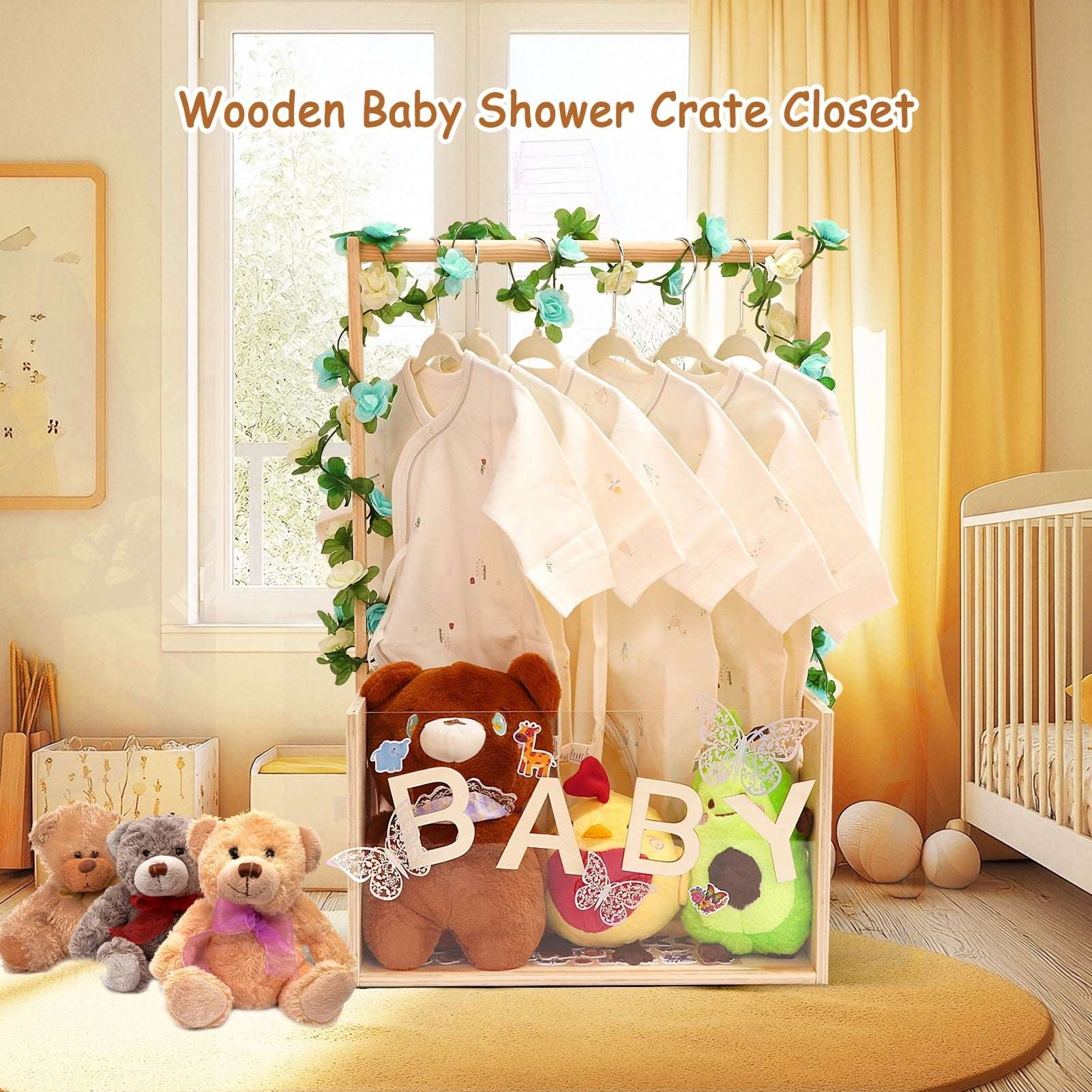 Baby Shower Crate Closet with Acrylic Clear Front Panel, Wood Shower Basket with Handle, Perfect Storage Crate for New Baby Gift - Image 2