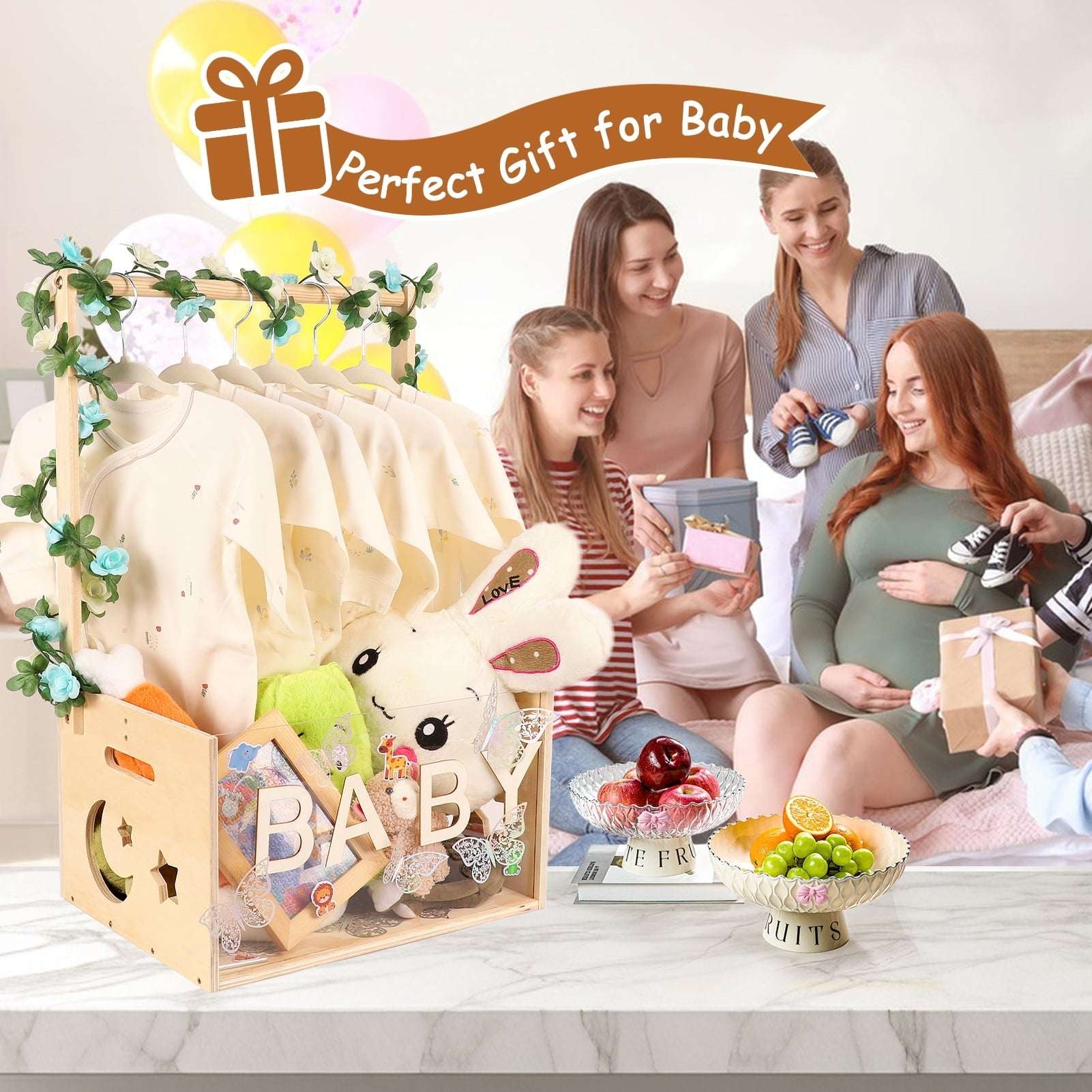 Baby Shower Crate Closet with Acrylic Clear Front Panel, Wood Shower Basket with Handle, Perfect Storage Crate for New Baby Gift - Image 3