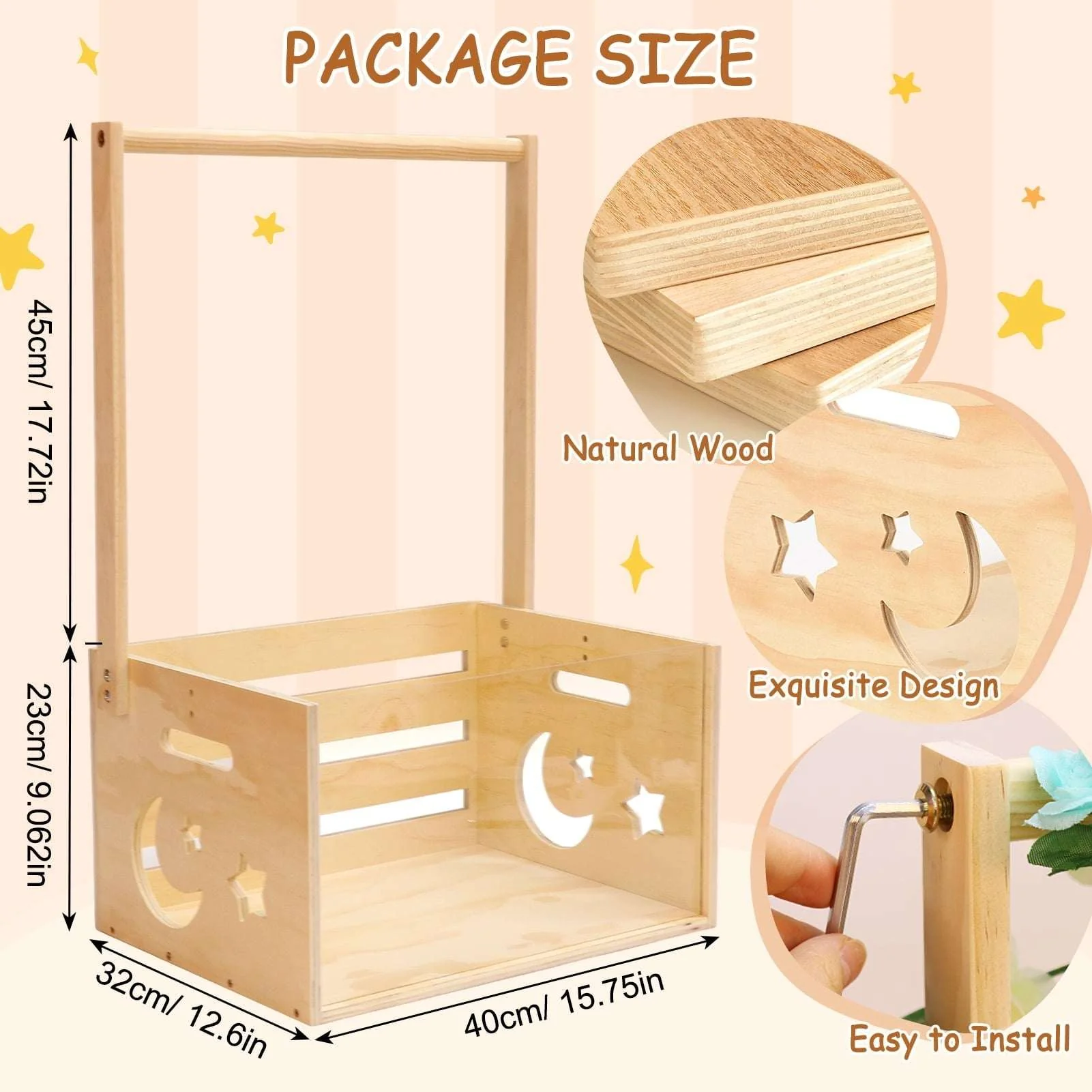 Baby Shower Crate Closet with Acrylic Clear Front Panel, Wood Shower Basket with Handle, Perfect Storage Crate for New Baby Gift - Image 6