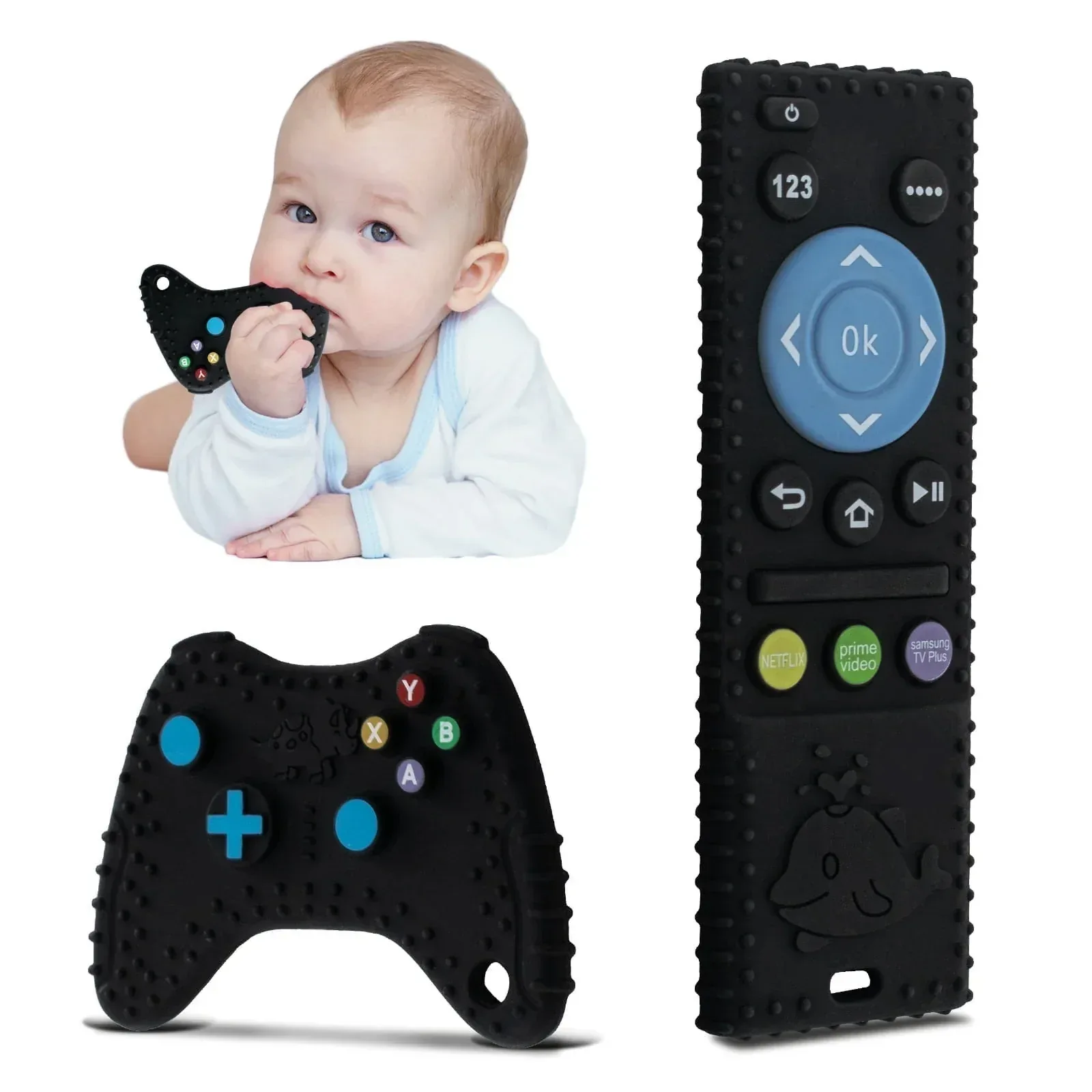 Baby Teething Toys, 2 Pcs Silicone Teething Toys for 3-6 month 6-12 Months - Sensory Toy Chew Toys Educational Toys for Toddler, Remote Control and Game Controller Teething Toys Set - Black - Image 2