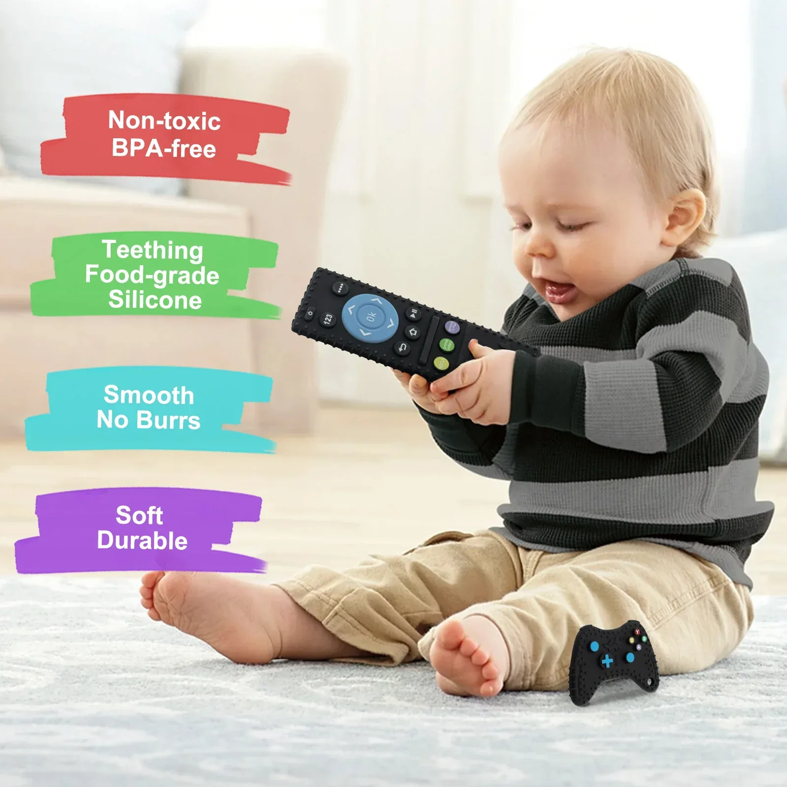 Baby Teething Toys, 2 Pcs Silicone Teething Toys for 3-6 month 6-12 Months - Sensory Toy Chew Toys Educational Toys for Toddler, Remote Control and Game Controller Teething Toys Set - Black - Image 5