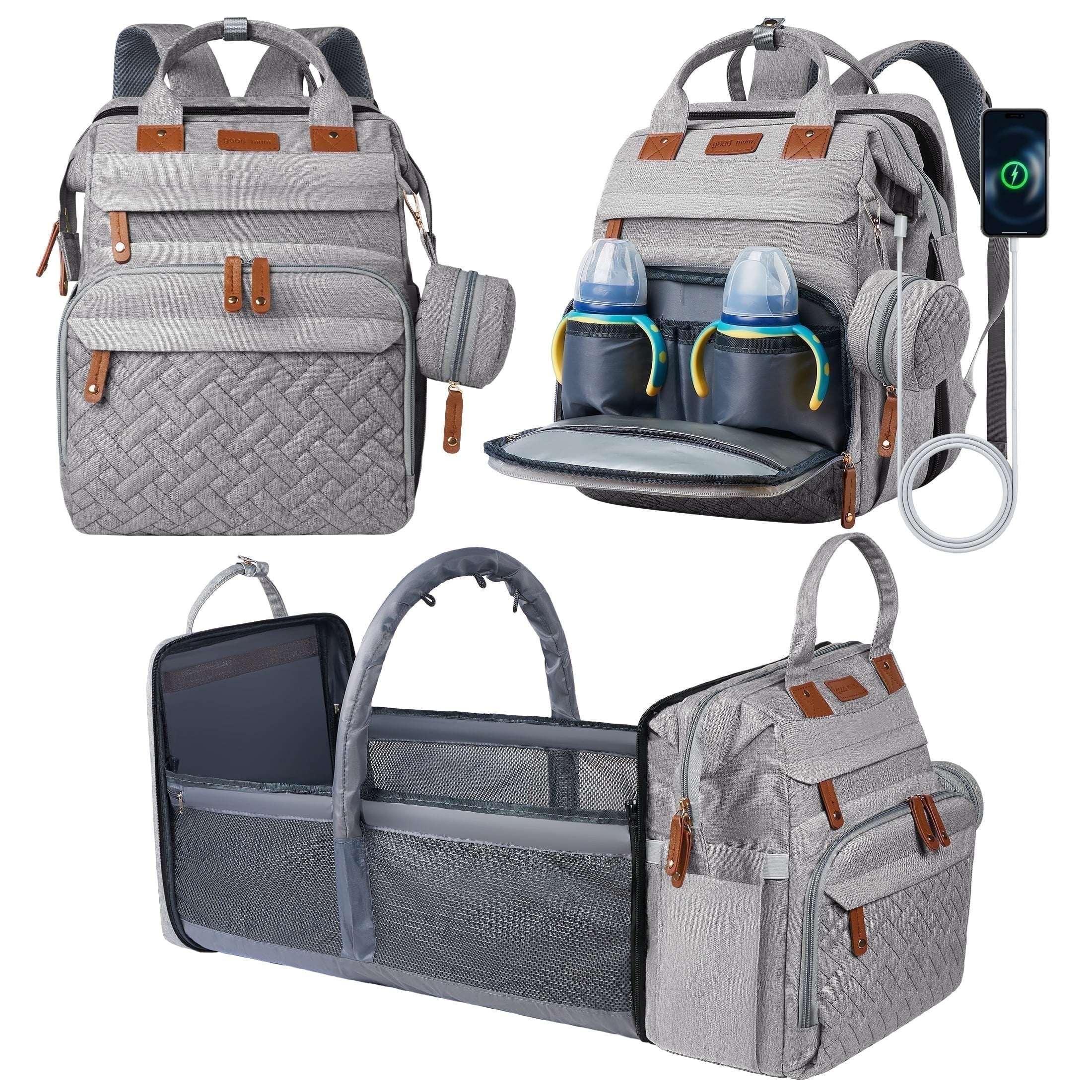 Babyomi Diaper Backpack with Changing Station, Foldable Crib, Insulated Pocket & USB Port, Large Travel Bag for Moms and Dads, Grey