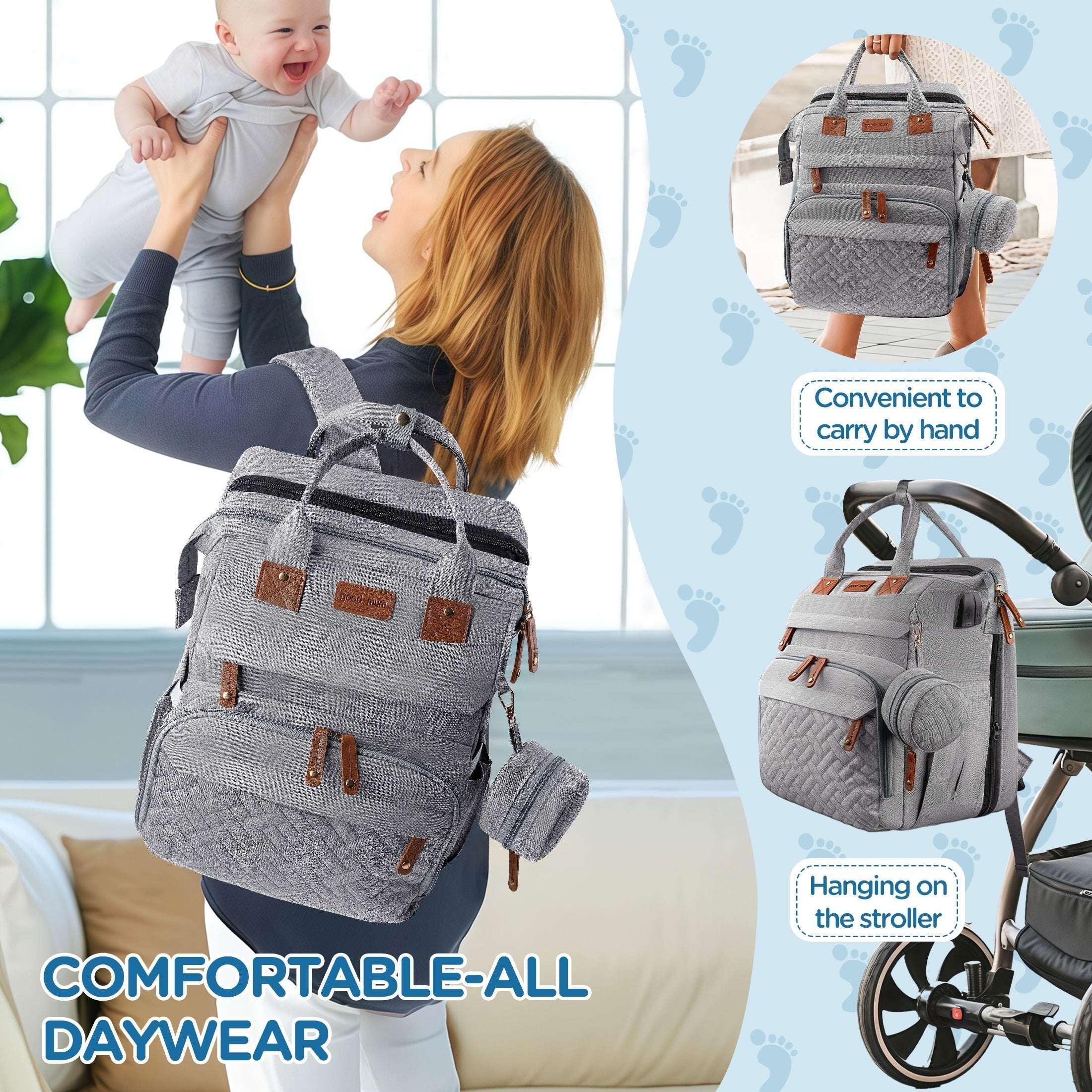 Babyomi Diaper Backpack with Changing Station, Foldable Crib, Insulated Pocket & USB Port, Large Travel Bag for Moms and Dads, Grey - Image 2