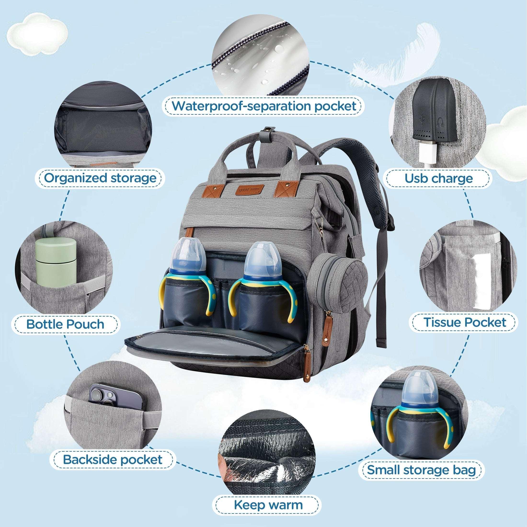 Babyomi Diaper Backpack with Changing Station, Foldable Crib, Insulated Pocket & USB Port, Large Travel Bag for Moms and Dads, Grey - Image 3