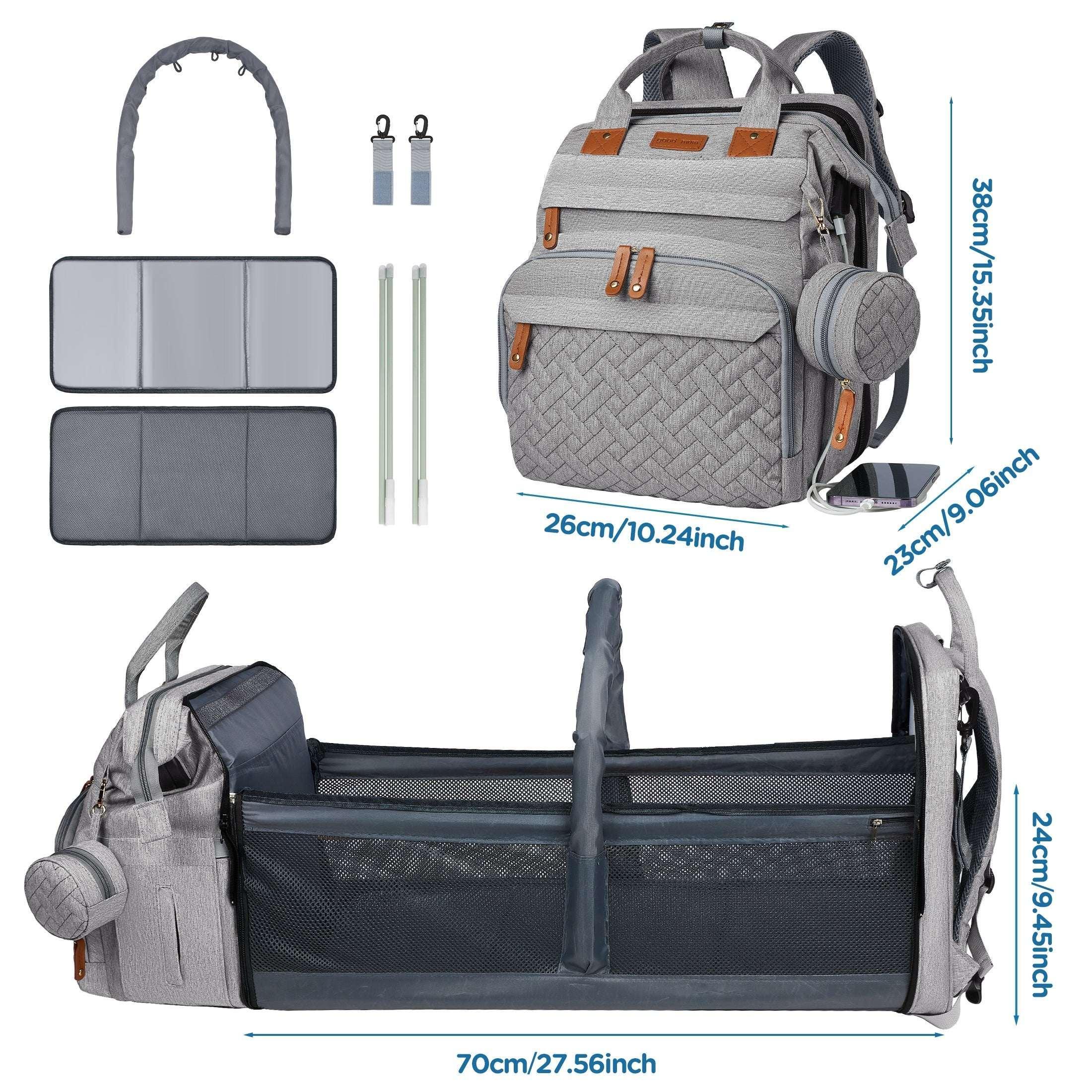 Babyomi Diaper Backpack with Changing Station, Foldable Crib, Insulated Pocket & USB Port, Large Travel Bag for Moms and Dads, Grey - Image 7