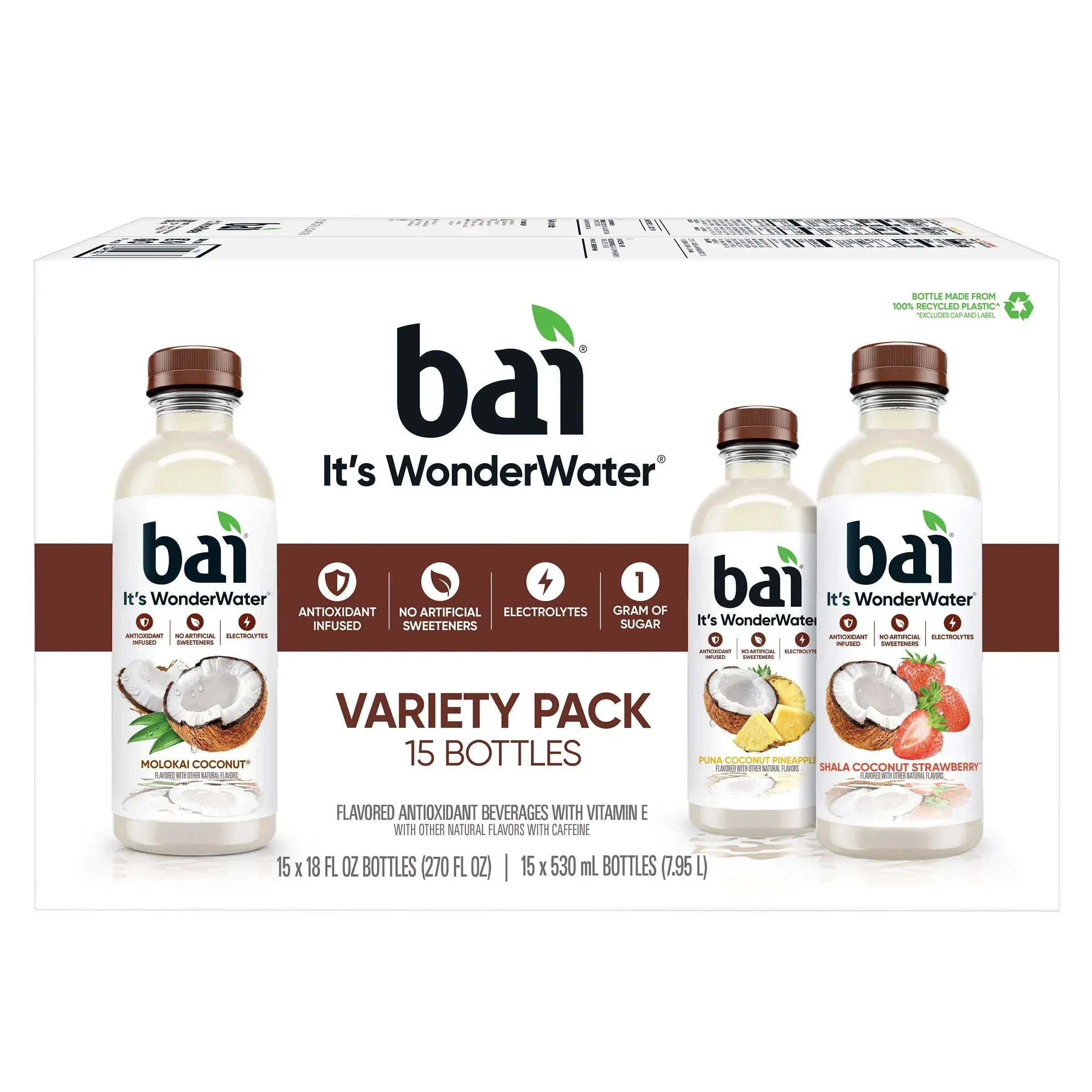 Bai Antioxidant Beverage, Coconut Variety Pack, 18 fl oz, 15-count