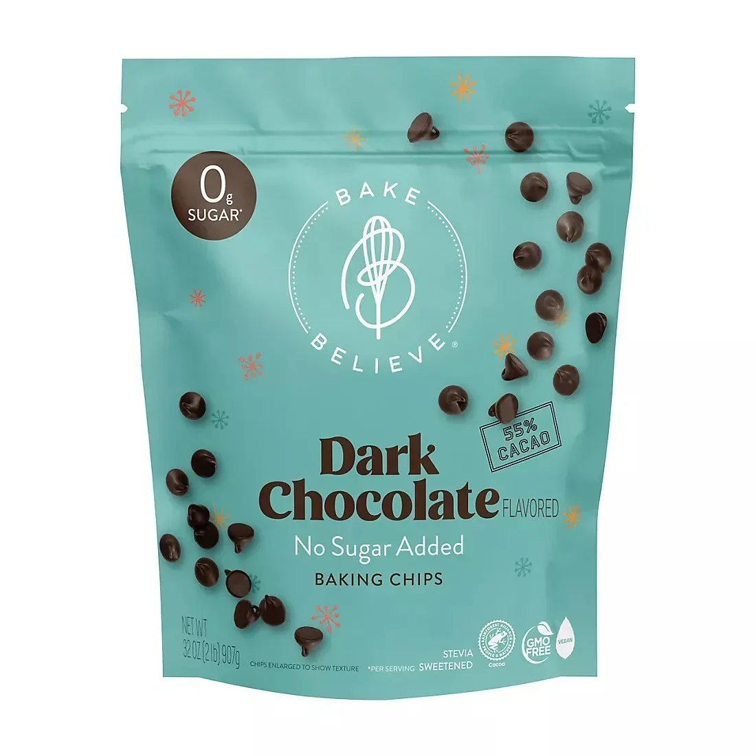 Bake Believe Dark Chocolate Flavored No Sugar Added Baking Chips, Resealable Bag, 32 oz.