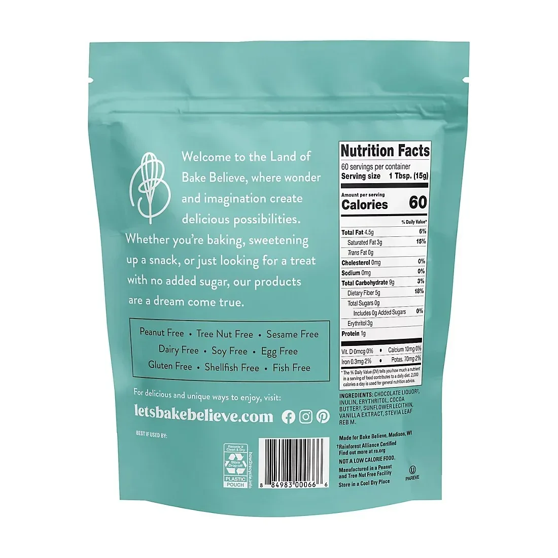 Bake Believe Dark Chocolate Flavored No Sugar Added Baking Chips, Resealable Bag, 32 oz. - Image 2
