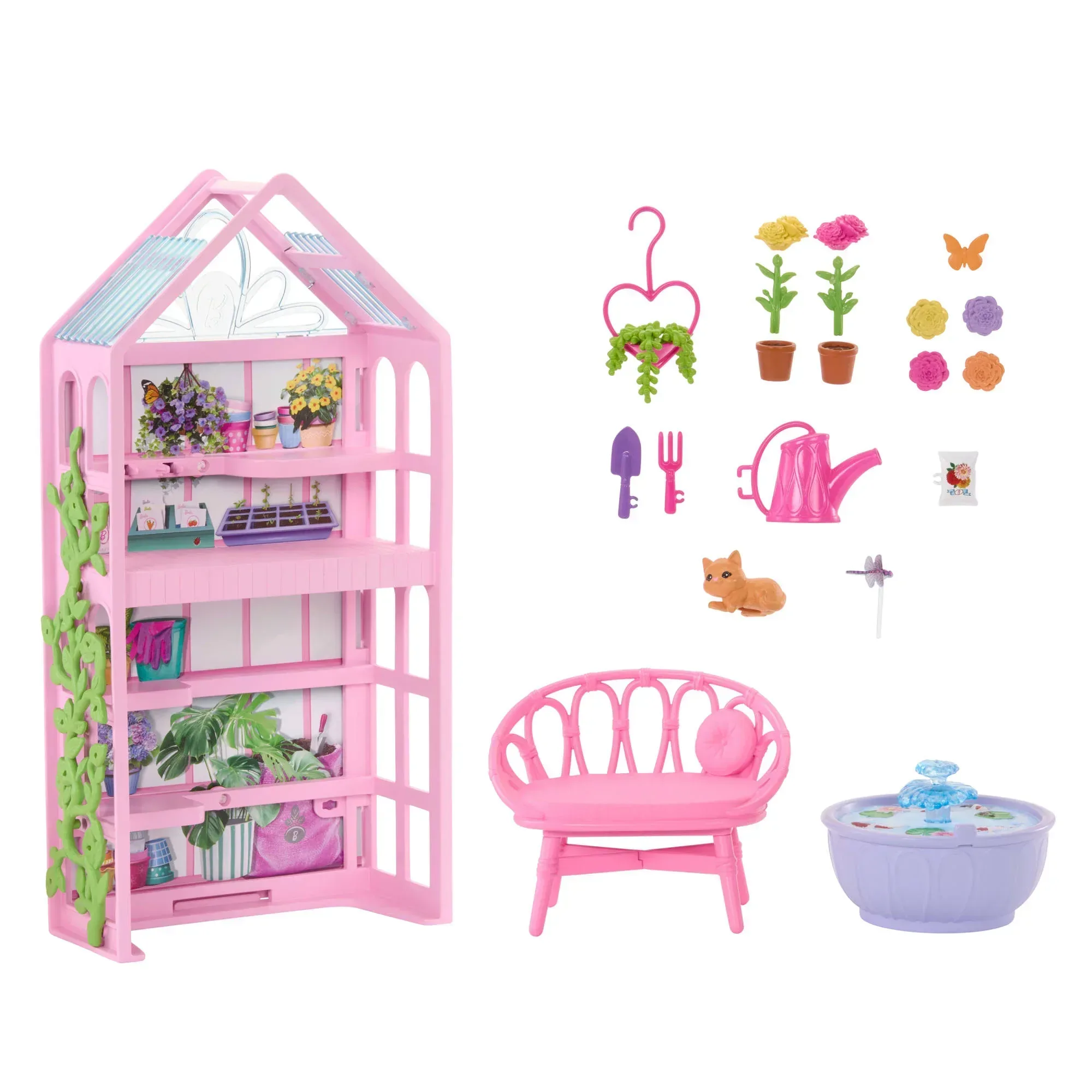 Barbie World Backyard Garden Toy Playset Shelf, Flowers, Fountain & Accessories - Image 5
