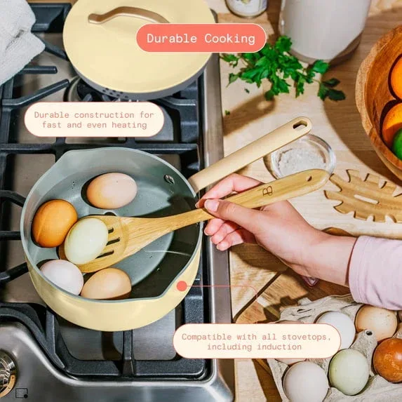 Beautiful 12-Piece Ceramic Nonstick Cookware Set, Pots and Pans with Strainer Lids, Buttercream by Drew Barrymore - Image 12