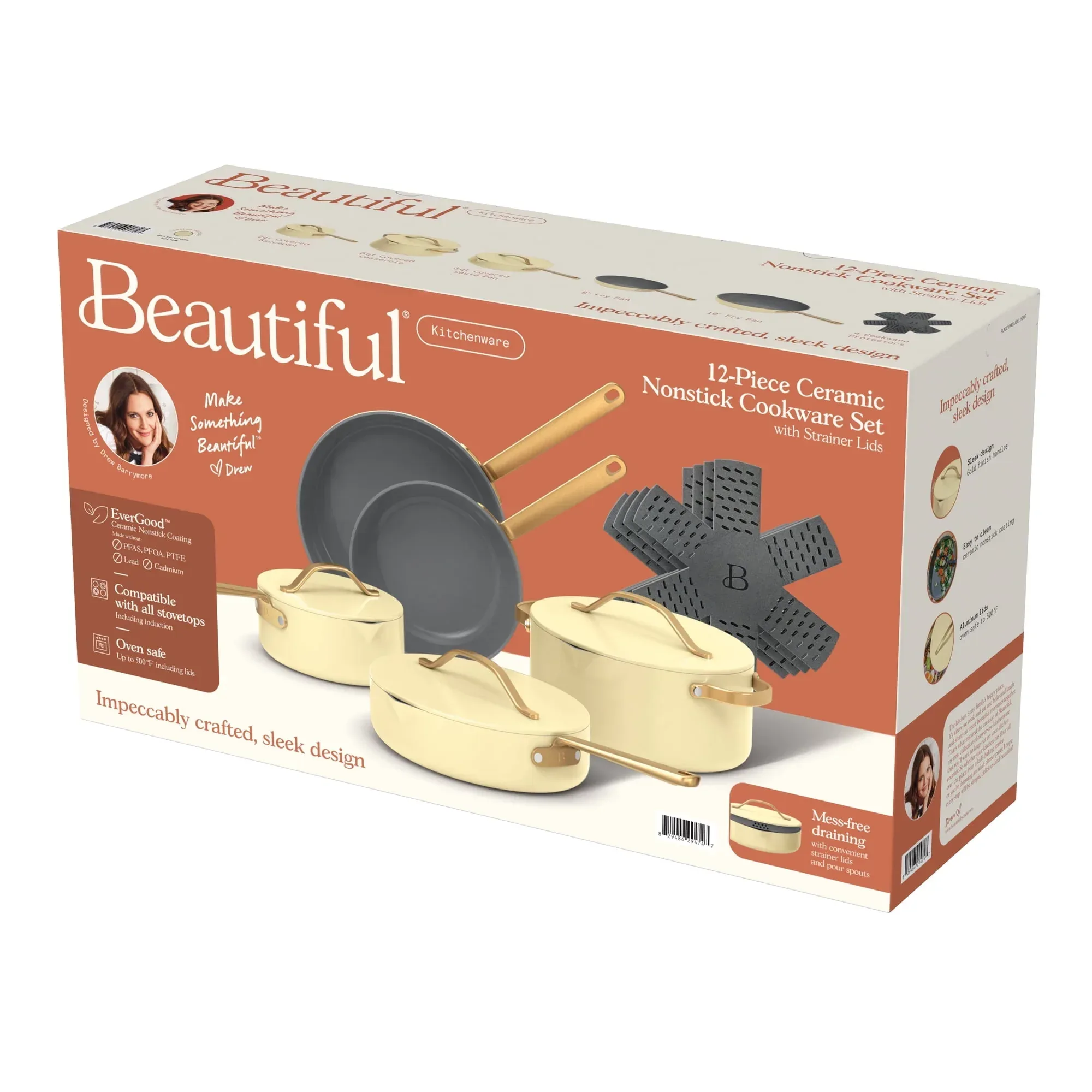 Beautiful 12-Piece Ceramic Nonstick Cookware Set, Pots and Pans with Strainer Lids, Buttercream by Drew Barrymore - Image 14