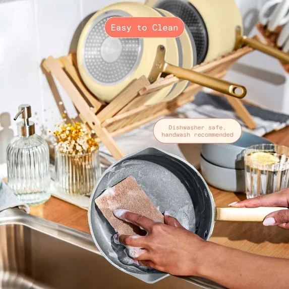 Beautiful 12-Piece Ceramic Nonstick Cookware Set, Pots and Pans with Strainer Lids, Buttercream by Drew Barrymore - Image 9