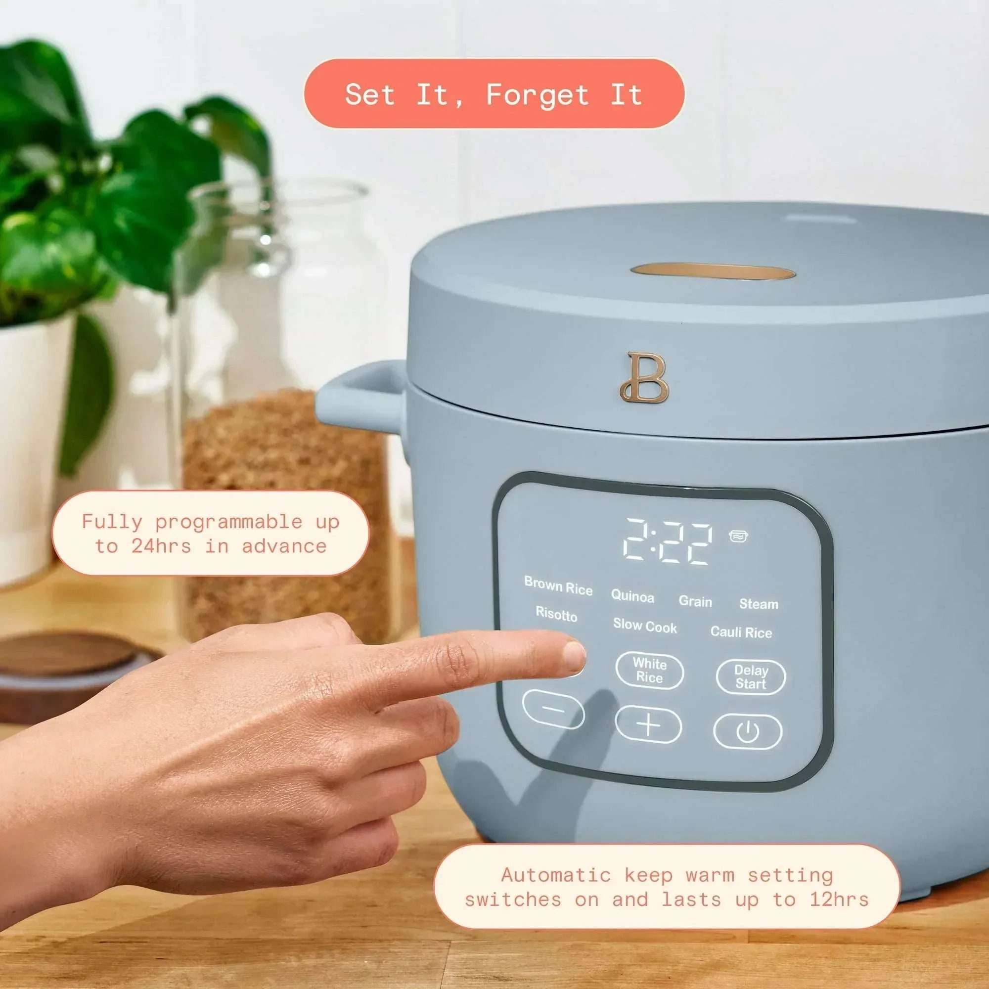 Beautiful 14-Cup Cooked, 6-Cups Uncooked Electric Rice and Grain Cooker, EverGood™ Ceramic Nonstick Coating, Cornflower Blue by Drew Barrymore - Image 4